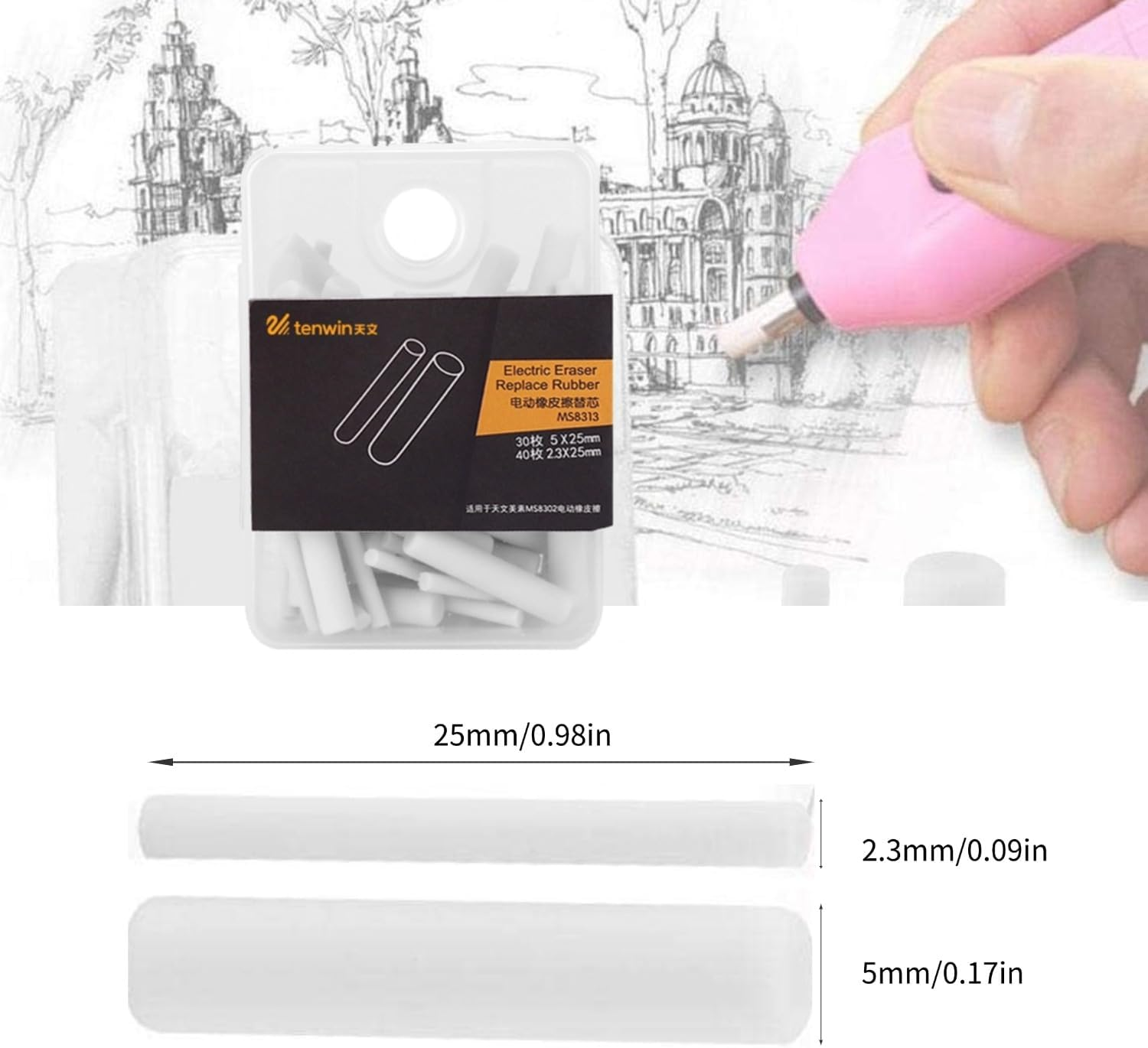Lyfengdeam Eraser Refills,Portable Electric Eraser Refills 30Pcs Big/Thick + 40Pcs Small/Thin Eraser Refills Replaceable Stationery for School Students Artists Drawing Painting Sketching image number 4
