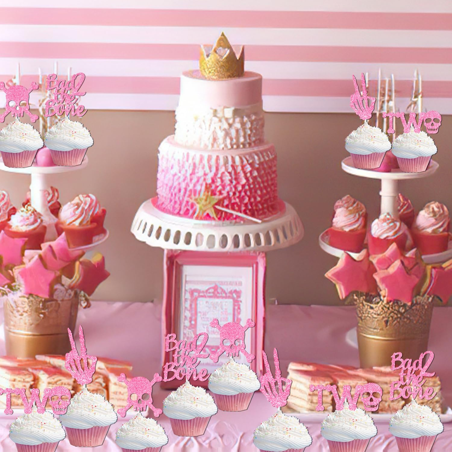Bad Two the Bone Cake Toppers 36PCS Pink Gold Glitter Rock N Roll 2Nd Cake Toppers Bone Skull Birthday Cake Decorations Rock Music Theme Cake Decorations for Girls 2Nd Bday Party Supplies