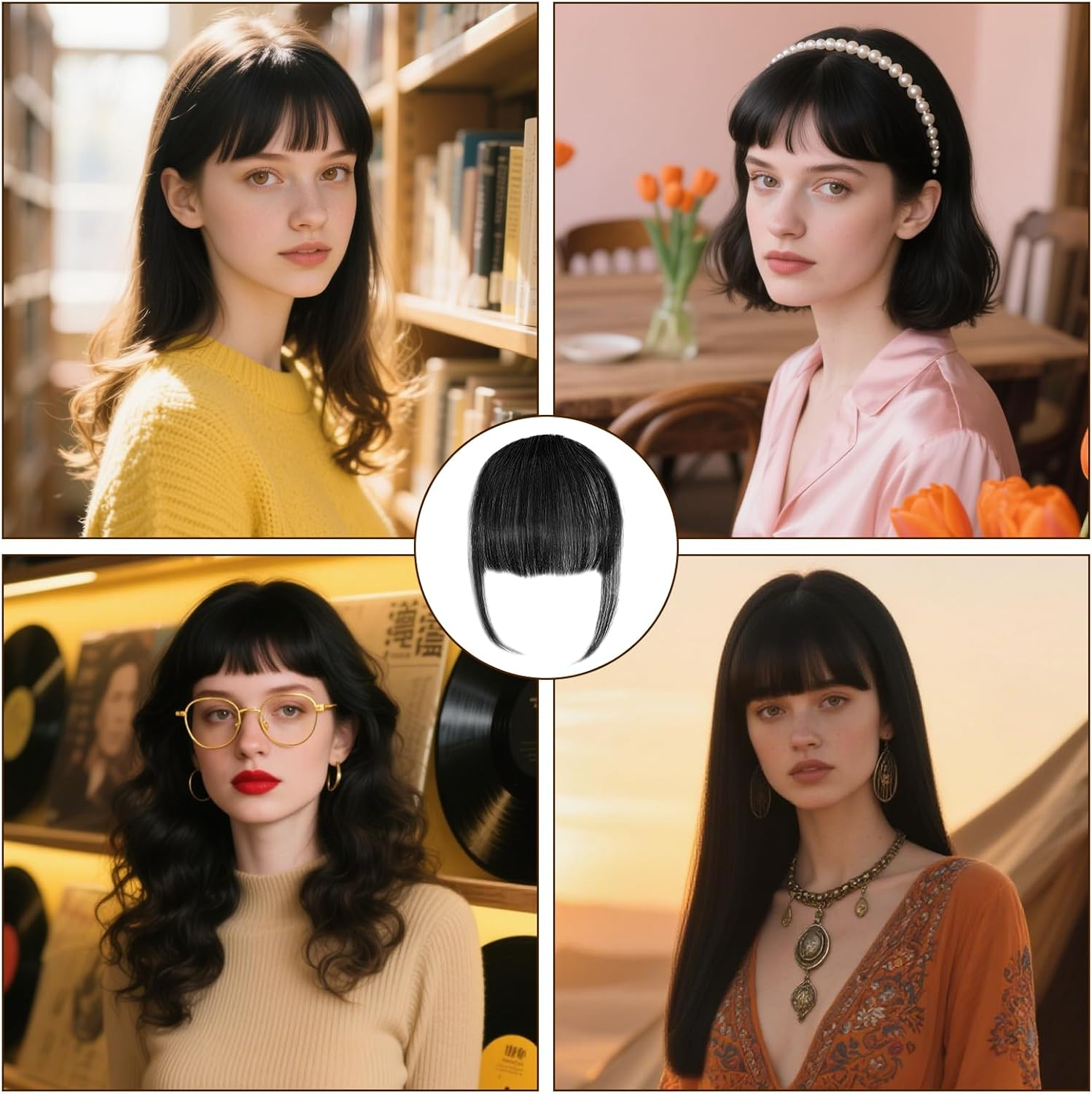 Clip-In Fringe 100% Real Hair Clip in Bangs Hair Extension Fringe with Temples Pony Extension Real Hair for Women (Black) image number 2