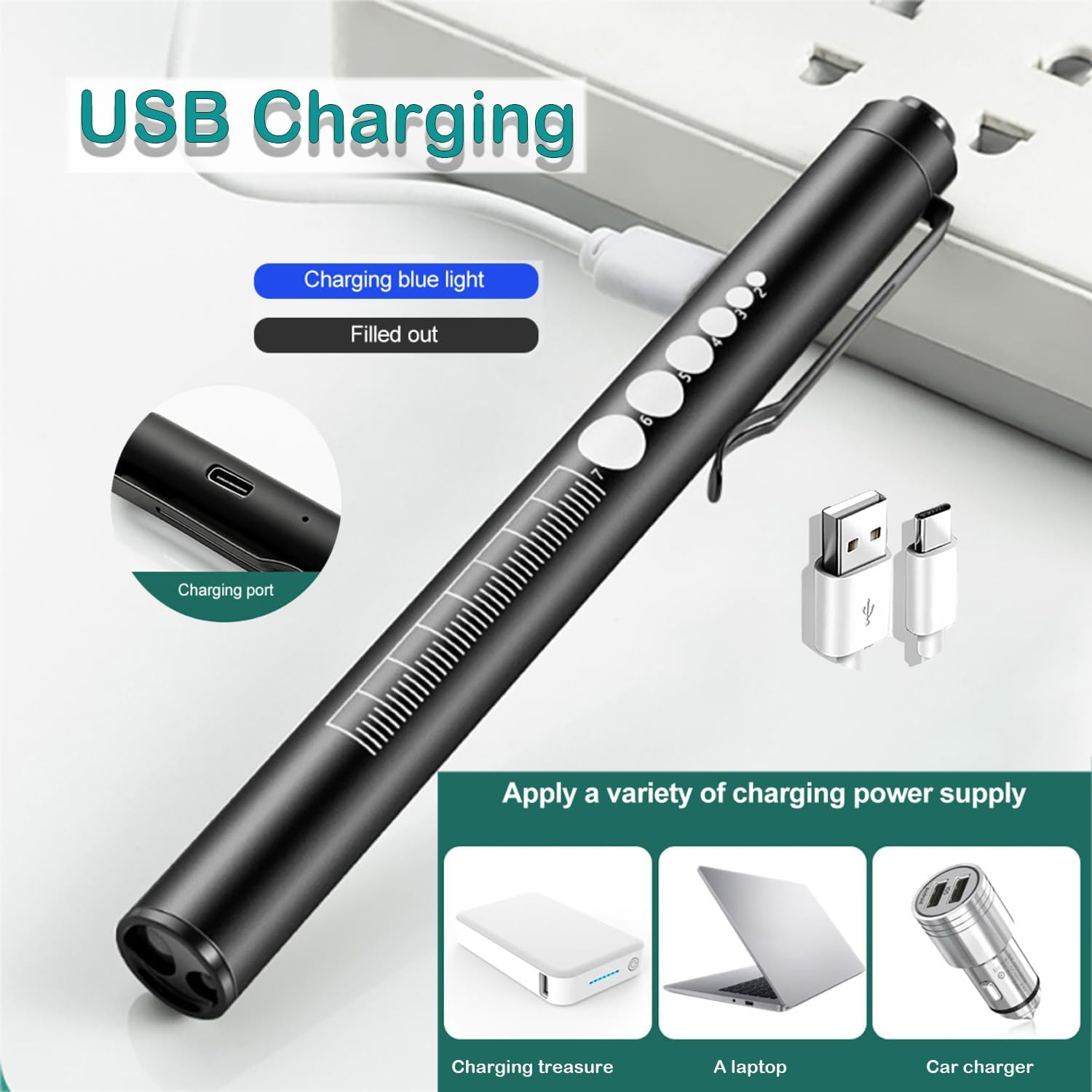 KEWAYO 2Pcs Pen Light, Reusable LED Penlight for with Pupil Gauge & Ruler, USB Rechargeable, Extra Warm Light Bulb, Pocket Clip Mini Flashlight(Black, Silver) image number 1