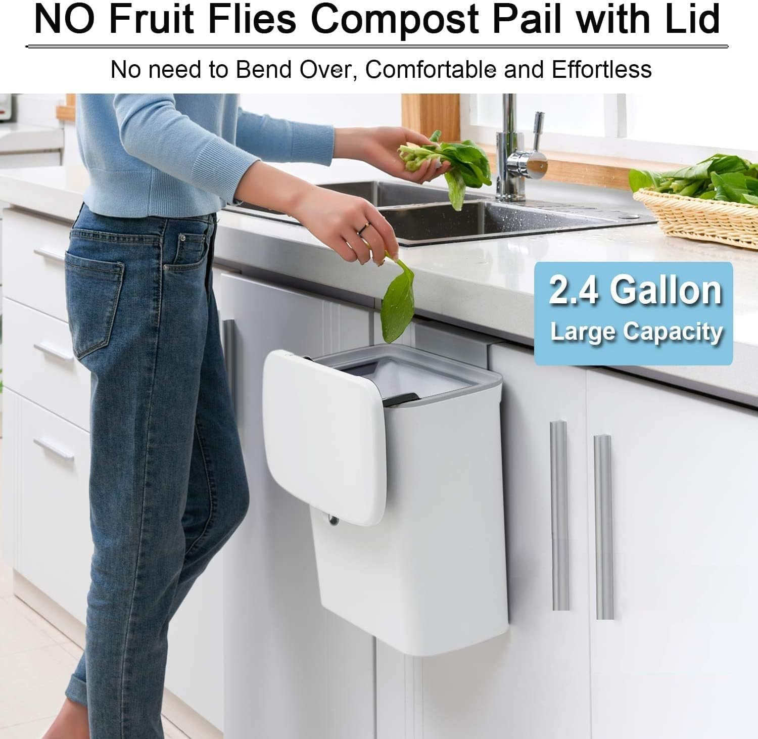 Fohouse Kitchen Compost Bin for Counter Top or under Sink, Hanging Small Trash Can with Lid for Kitchen Cabinet Door, under Sink Garbage Can for Bathroom, Wall Mounted Counter Waste Compost Bin(White) image number 2