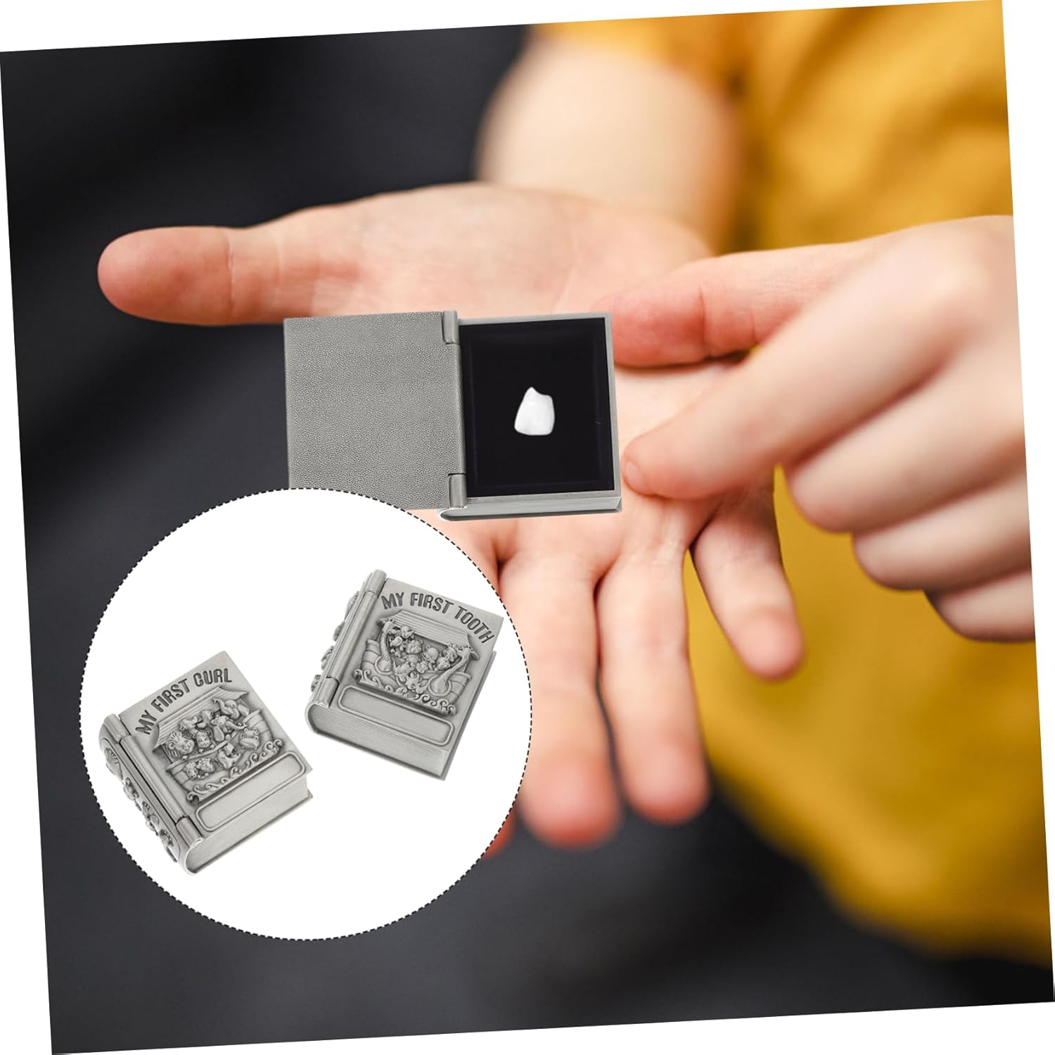 2 Pcs Baby First Tooth Metal Keepsake Boxes Lanugo Curl Storage for Newborns Silver Vintage Tooth Collection Case image number 4