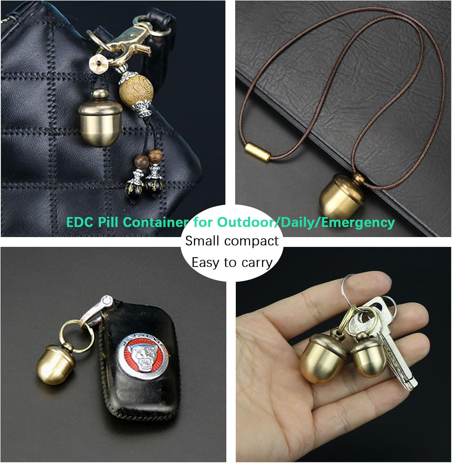 Keychain Pill Box Organiser, Waterproof Pill Holder with Lobster Clasp Clip, Brass Pill Container for Travel Pocket Purse, Cute Acorn Shape Pendant for Necklace, Small Portable EDC Pill Case with Keyring for Outdoor/Daily/Emergency image number 6
