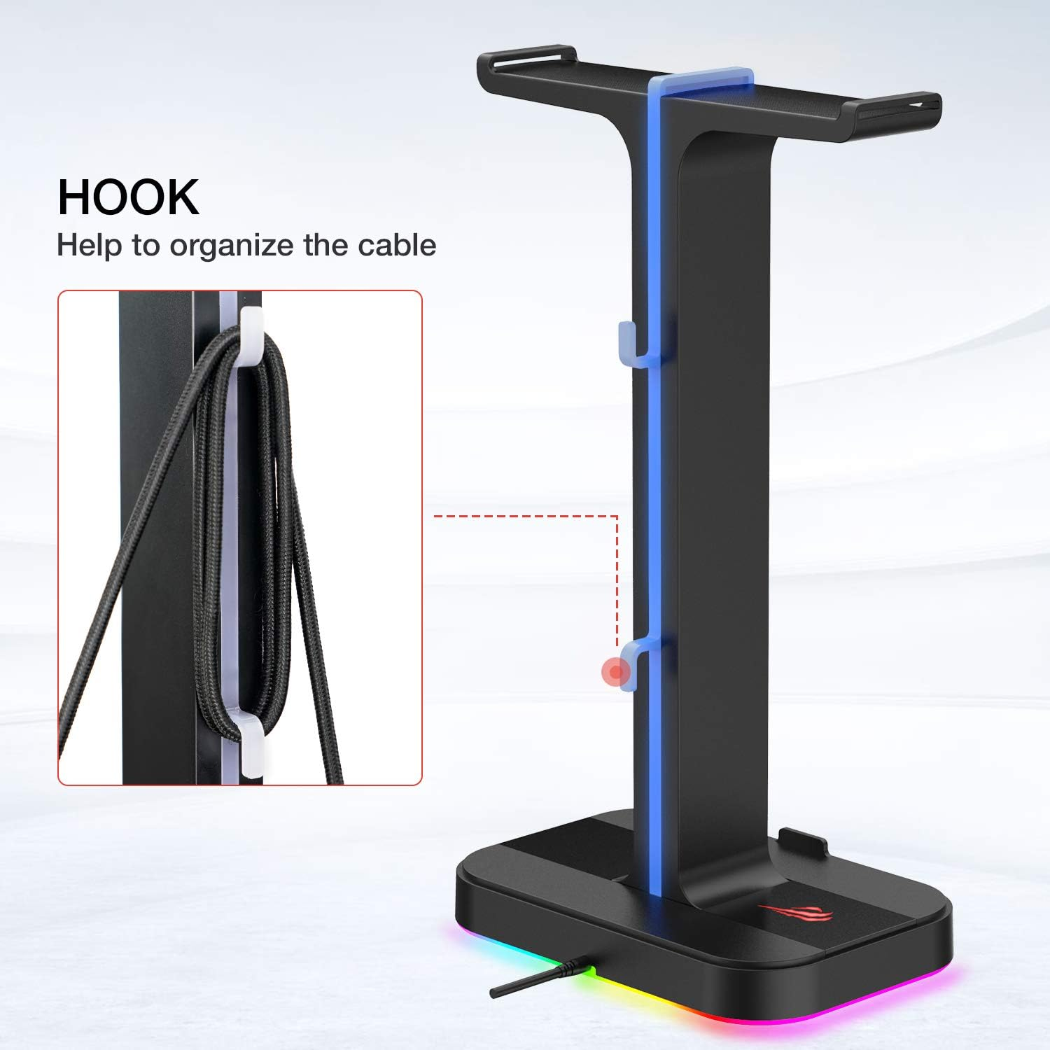 Havit RGB Gaming Headphone Stand Desk Dual Headset Hanger Base with Phone Holder & 2 USB Charger for Desktop PC Game Earphone Accessories image number 2