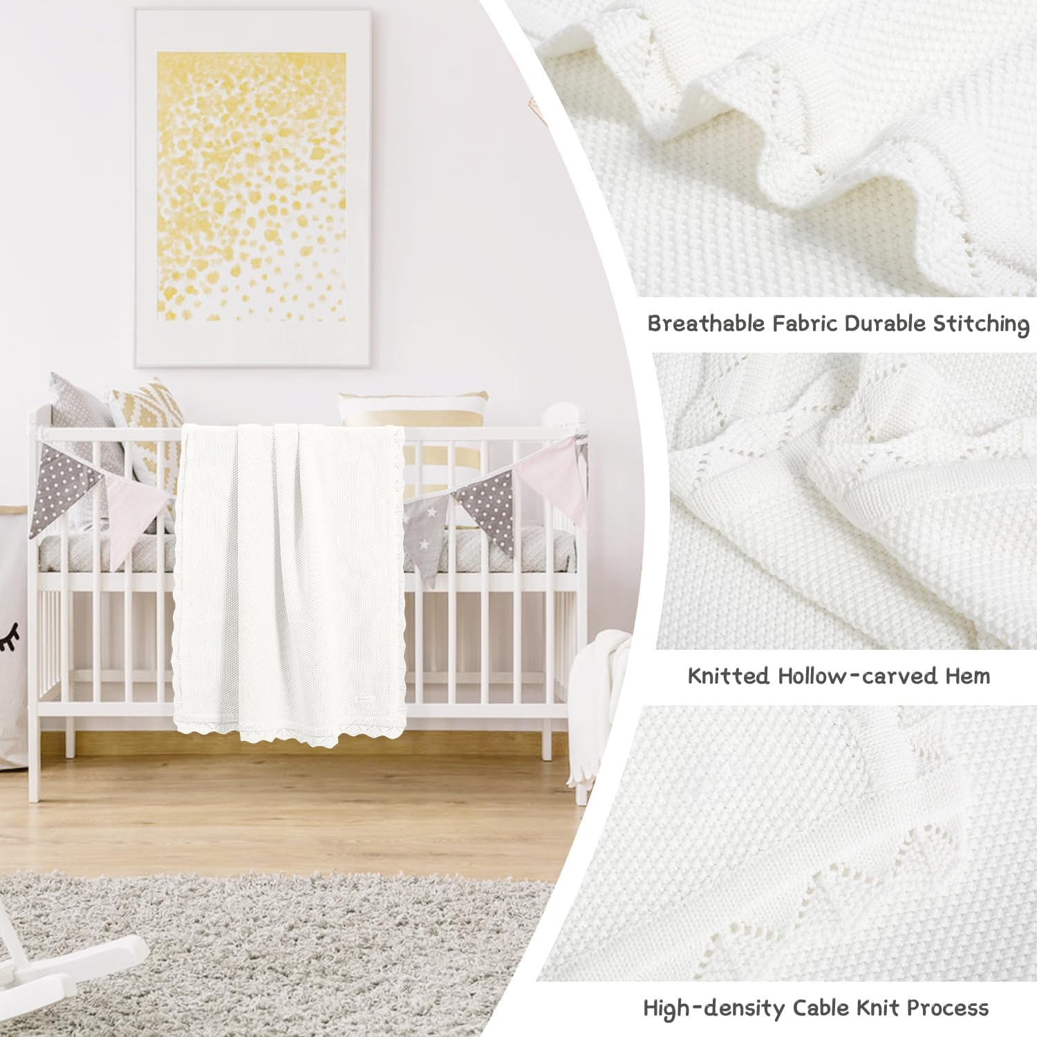 100% Cotton Baby Blanket Knit Lace Soft Warm Toddler Blanket,30 X 40 Inches，White - Green image number 2