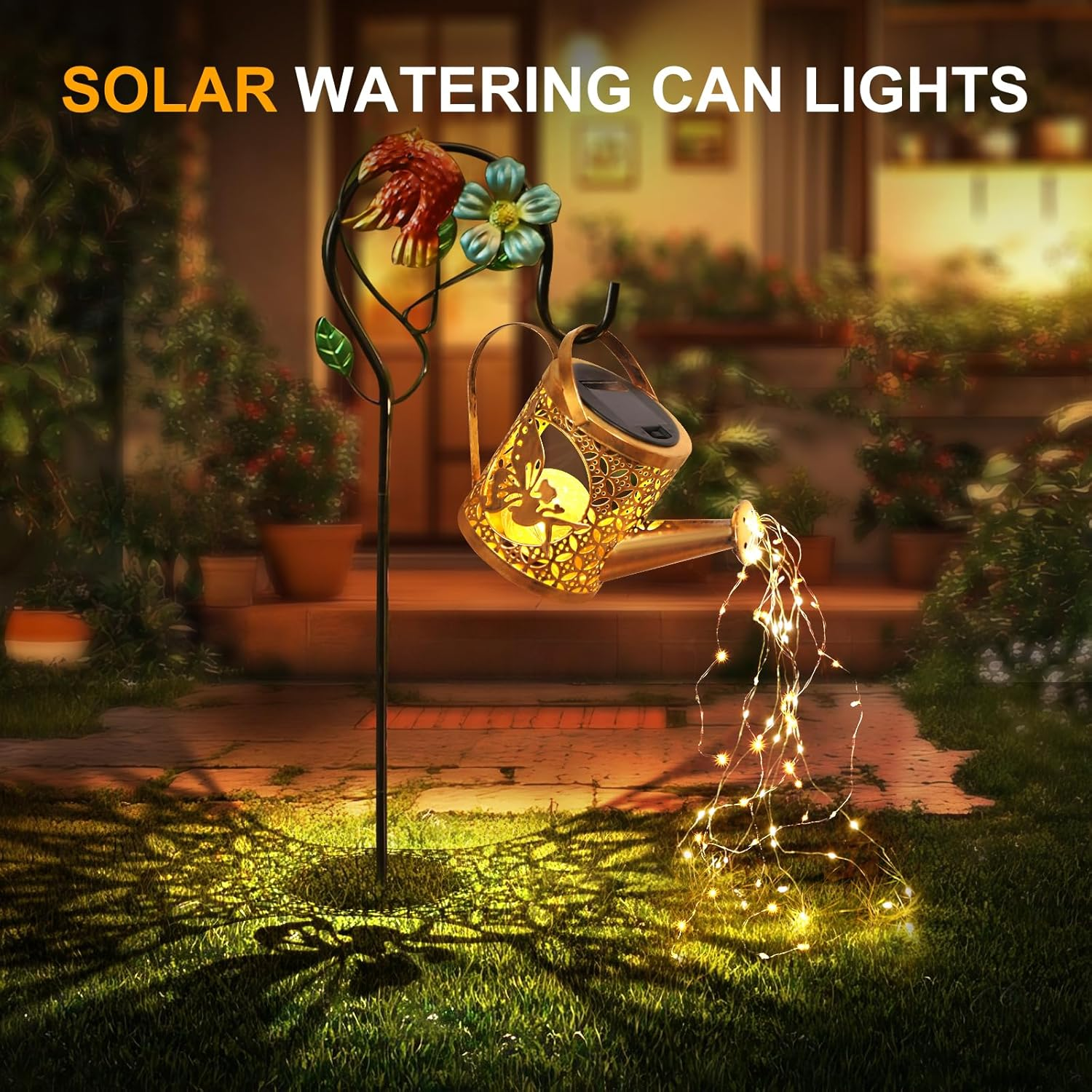 Solar Lights Outdoor Garden Decor Solar Watering Can with Crackle Glass Lights Waterproof Metal Hanging Fairy Lantern for Patio Lawn Yard outside Decorations- Unique Gift Ideas for Gardening image number 4