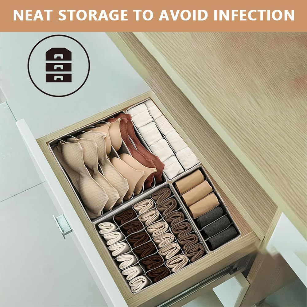 4-Pack Foldable Fabric Drawer Organizers &ndash; Closet Storage Dividers for Underwear, Socks, Baby Clothes, Ties, Bras & Scarves &ndash; Dresser Drawer Bins for Nursery, Bedroom (Grey)