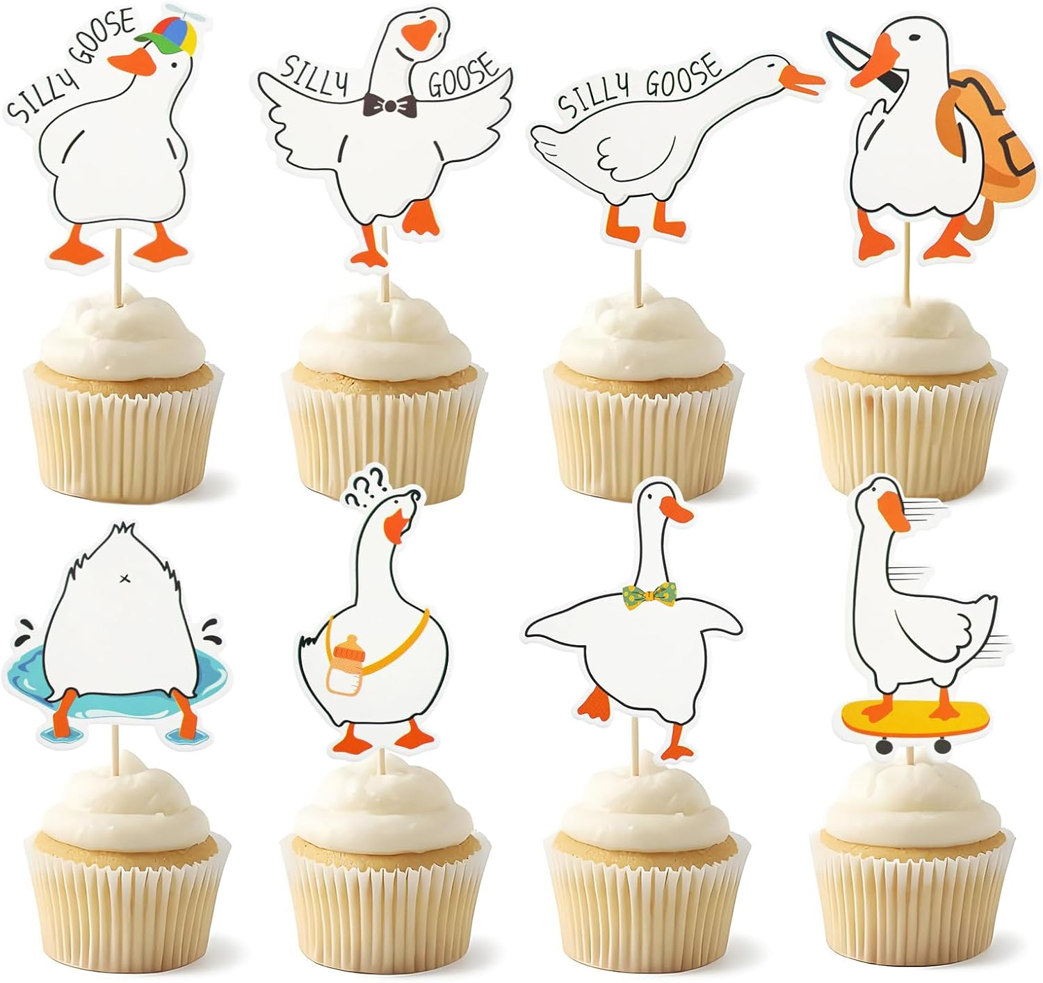 48 PCS Silly Goose Cupcake Toppers, Funny Goose Cupcake Picks Animal Theme Cake Decorations for Baby Shower Birthday Weeding Holiday Party Supplies (Dancing Goose)