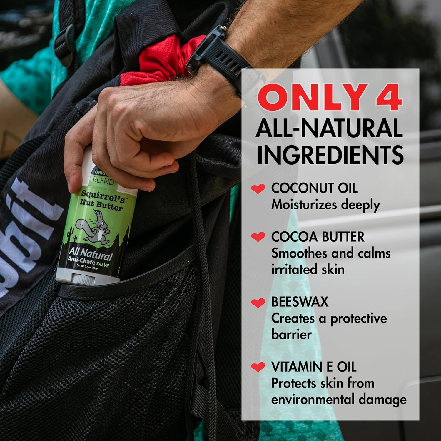 Squirrel'S Nut Butter anti Chafe Stick | All Natural Chafe Prevention & Skin Care for Athletes, Runners & Adventurers | Thighs, Arms, Pack Straps & More | 2.7 Oz image number 2