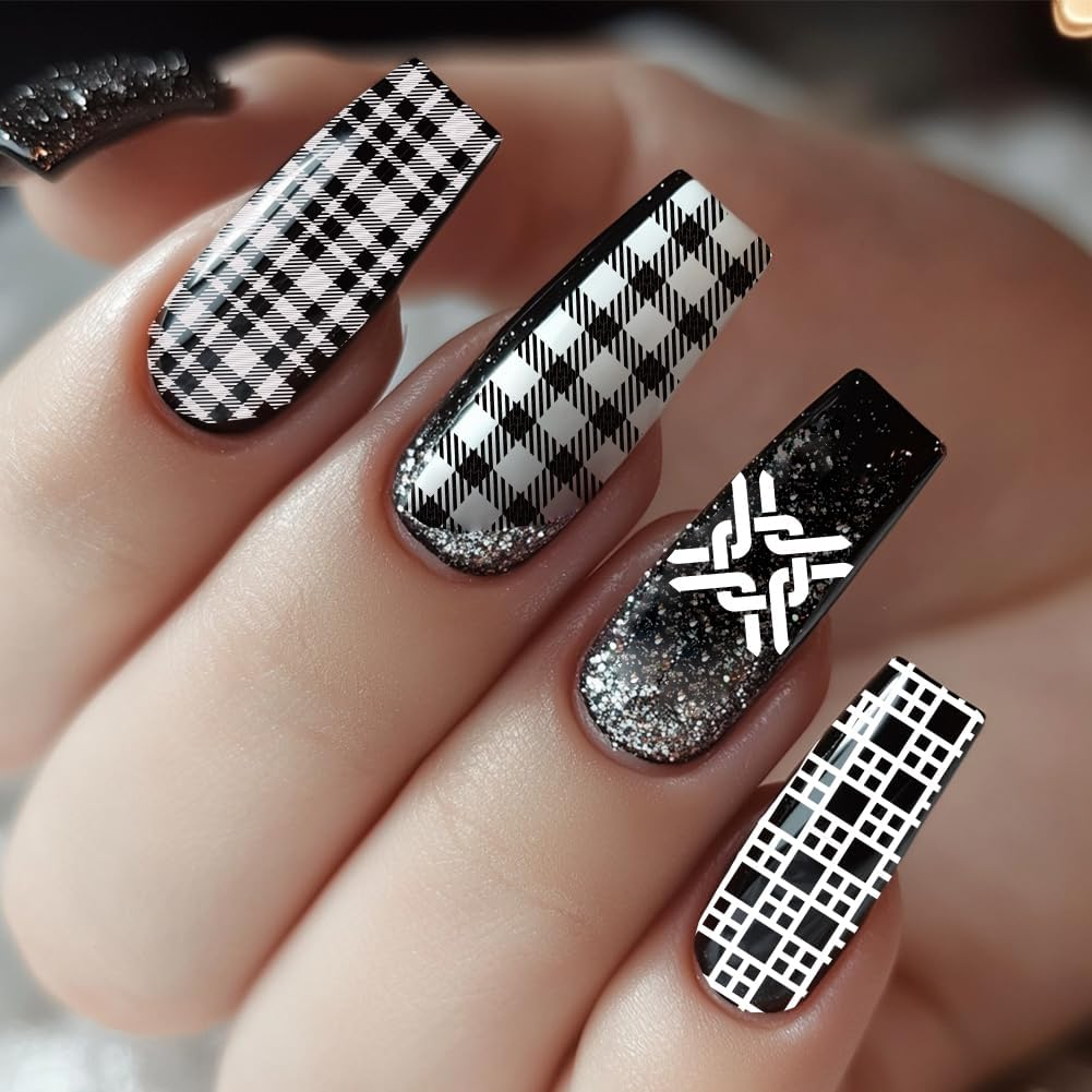 PH Pandahall 3Pcs Classic Plaid Pattern Nail Stamp Plate Tartan Nails Art Stencils Stainless Steel Nail Image Plate Plaid Pattern Print Art Template for Women DIY Printing 4.7X2.3 Inch image number 1