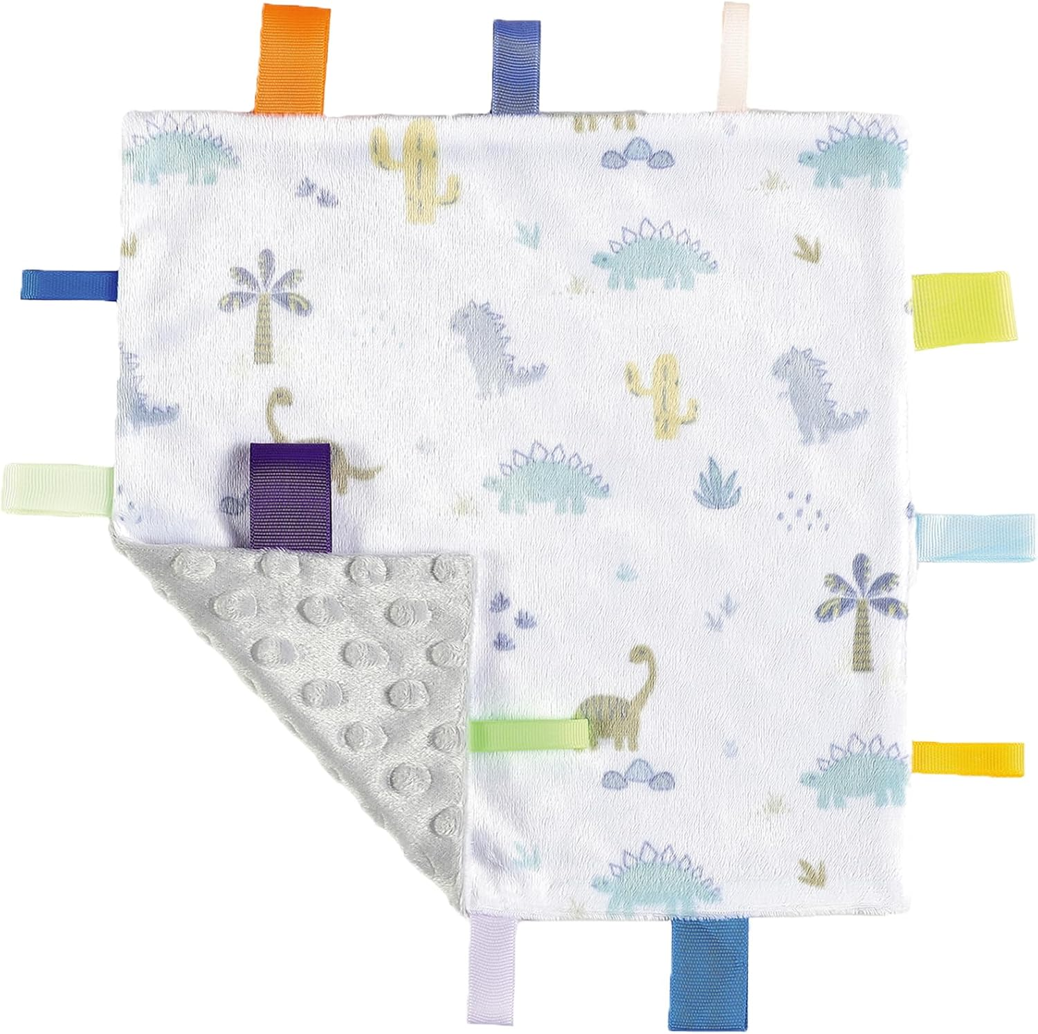 CREVENT Tag Security Blankets for Babies, Soft Small Loveys for Girls, Baby Comforter Sensory Blanket, Great Gifts for Birthday Baby Shower 25X25Cm (Dinosaur+Blue)
