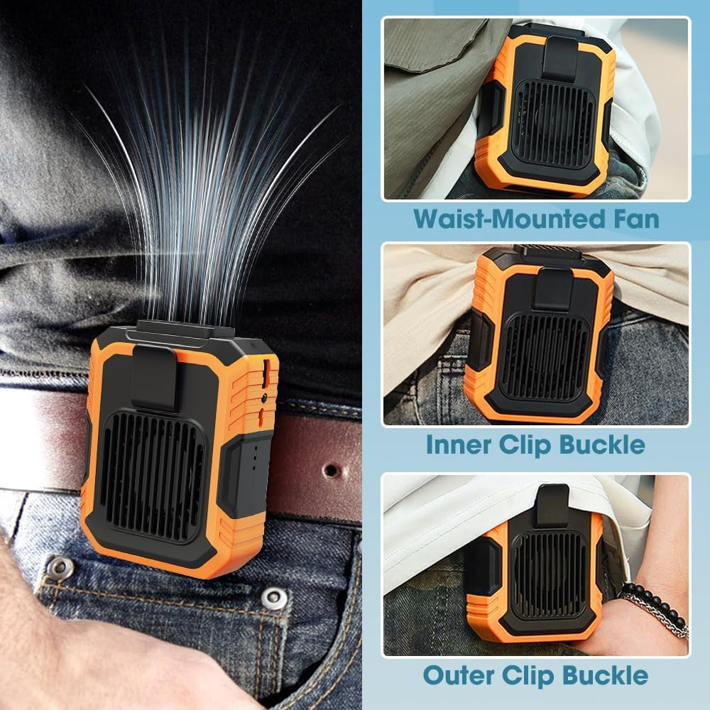 Portable Waist Fan, Cool Clip Fan under Shirt, Blue Collar Breeze, Outdoor Waist Fan Belt Clip Fan, Rechargeable Waist Mounted Electric Fan Wearable, Clip Fan for Travelin, with LED Light (Orange) image number 5