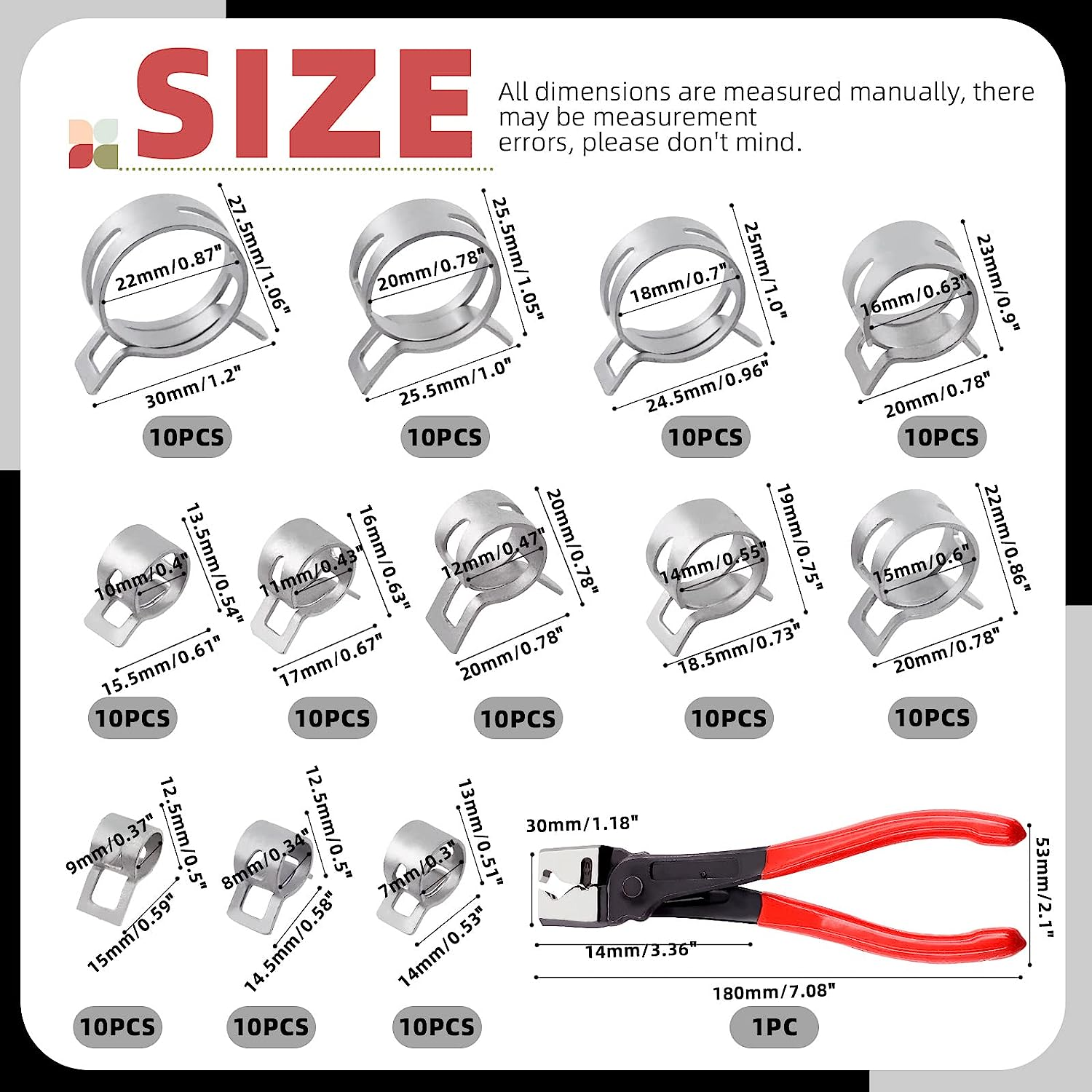Hilitchi 121Pcs 12 Sizes Spring Band Hose Clamp Kit, 7MM-22MM Low Pressure Air Clip Clamp with Hose Clip Pliers, Fuel Line Hose Clips Silicone Vacuum Hose Clamp Fastener - A Kit image number 6