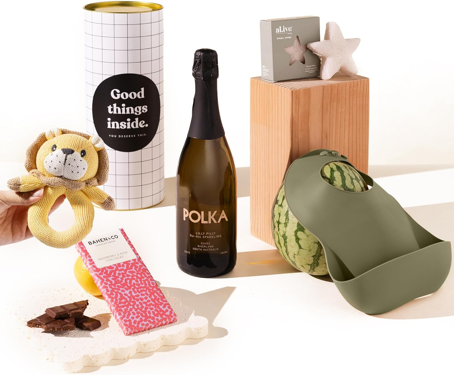 Luxury Baby & Mum Gift Hamper | Delivered Diana Gift Box by Good Day People | Thoughtful New Baby Hamper with De-Alc Sparkling, Silicone Bib, Knitted Lion Rattle, Bahen & Co. Chocolate & Al.Ive Konjac Sponge &ndash; Premium Baby & Postpartum Gift Box image number 6