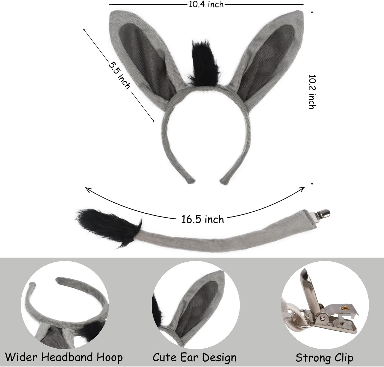 HODRME 5 PCS Ogre Ears Princess Headband Donkey Ears Set-Halloween Christmas Festival Theme Party Cartoon Cosplay Costume Accessories Include Ears Necklace and Tail image number 3