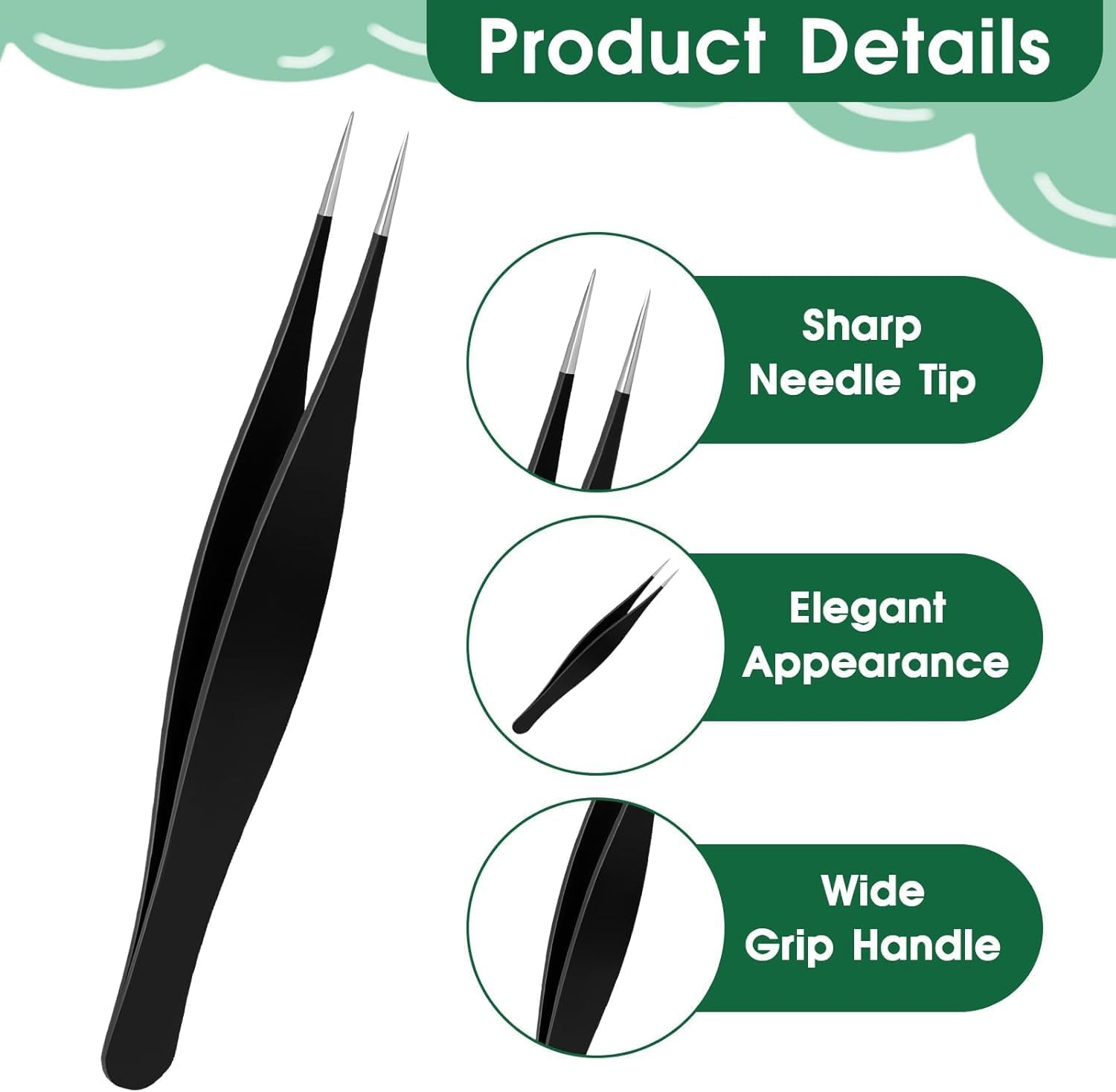 Fokmuaex Fine Point Precision Tweezers - Needle Nose for Facial Hair Removal (Nose Tip, Eyebrows, Lash, Chin) - Splinter & Ticks Remover - Ingrown Hair Tool for Women & Men - Black 4 Pcs image number 6