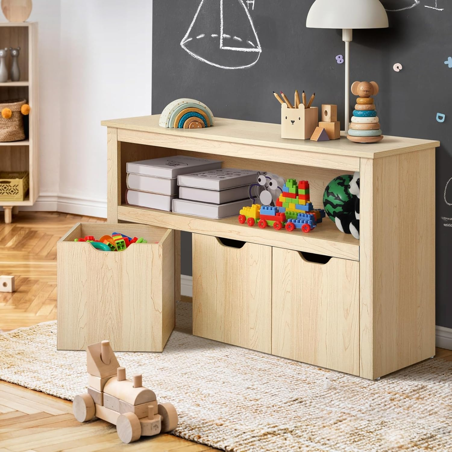 Oikiture Kid Toy Storage Box with Portable Storage Box Wooden Tallboy Cabinet