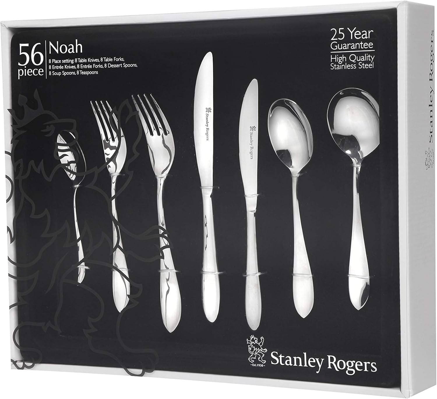 Stanley Rogers Noah 56 Piece Cutlery Set &ndash; Stainless Steel Flatware with Slender Teardrop Handles & Mirror Finish, Formal Place Setting for Eight, Gift Boxed, 25 Year Guarantee image number 1