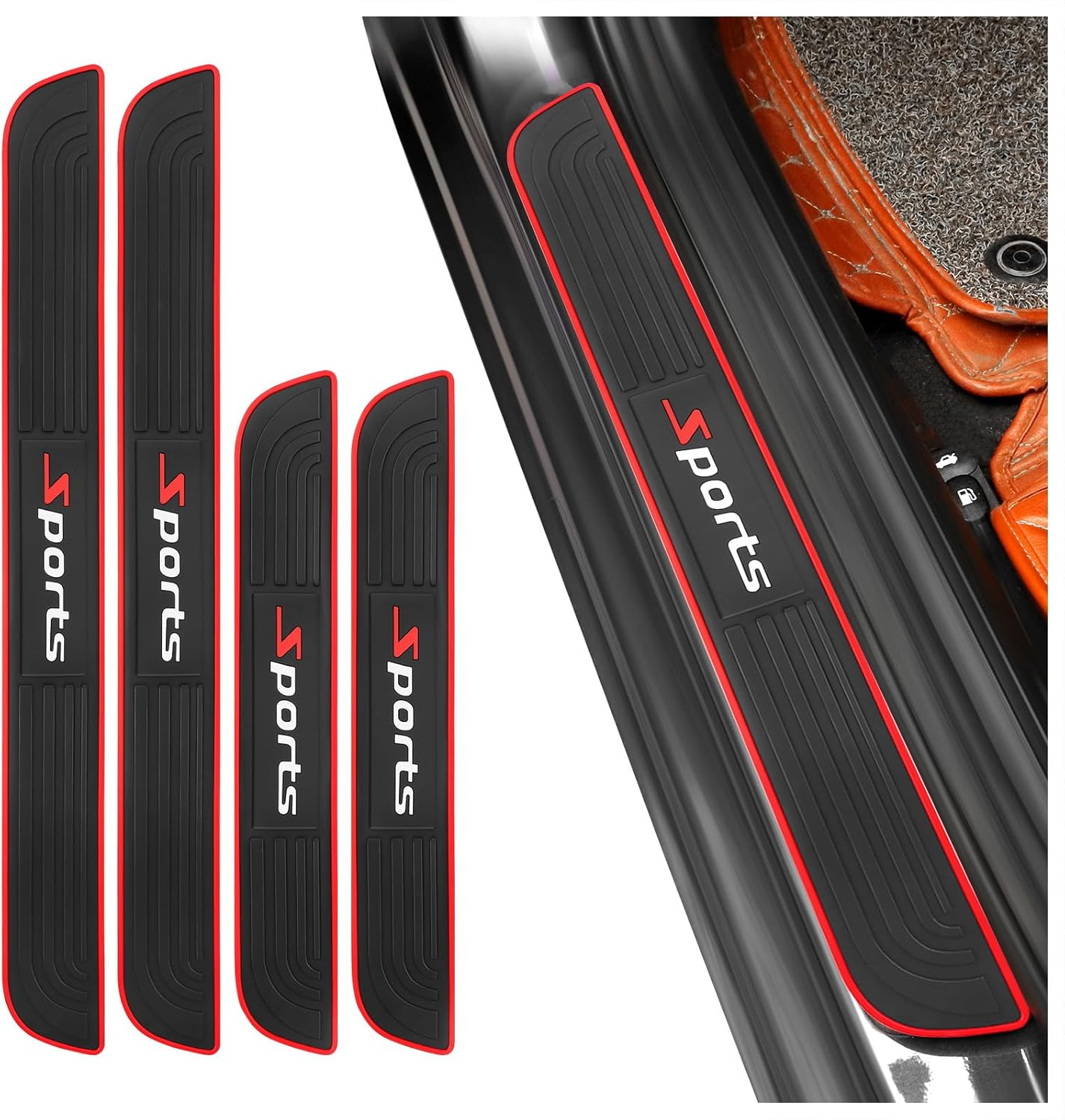 4PCS Car Door Sill Protector,Anti-Scratch & Waterproof Car Door Sills Scratch Protection,Universal Car Exterior Accessories Automotive Door Entry Guard for Car,Truck,Suv (Black Red, Width 1.96")