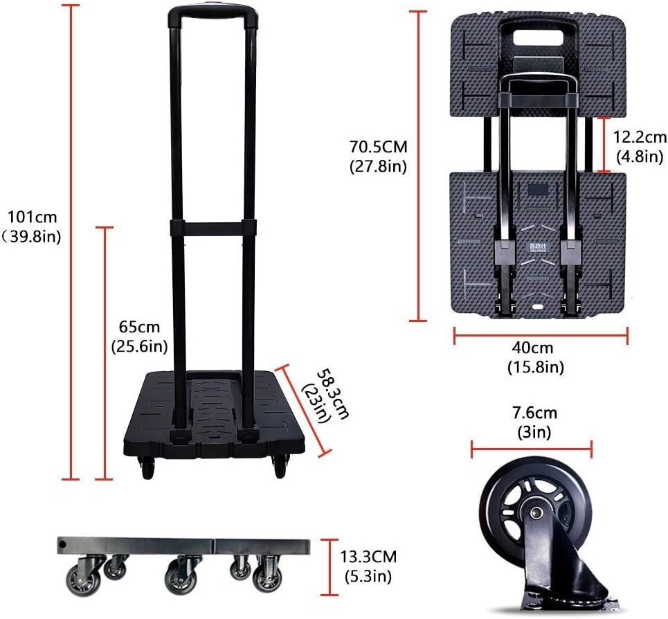 Folding Hand Truck, Wear-Resistant Noiseless 360&deg;Rotate 7 Wheels 245KG/540LBS Capacity Extendable Large Base Adjustable Handle Portable Heavy Duty and Durable Trolley Dolly for Cargo Handling Shopping image number 2