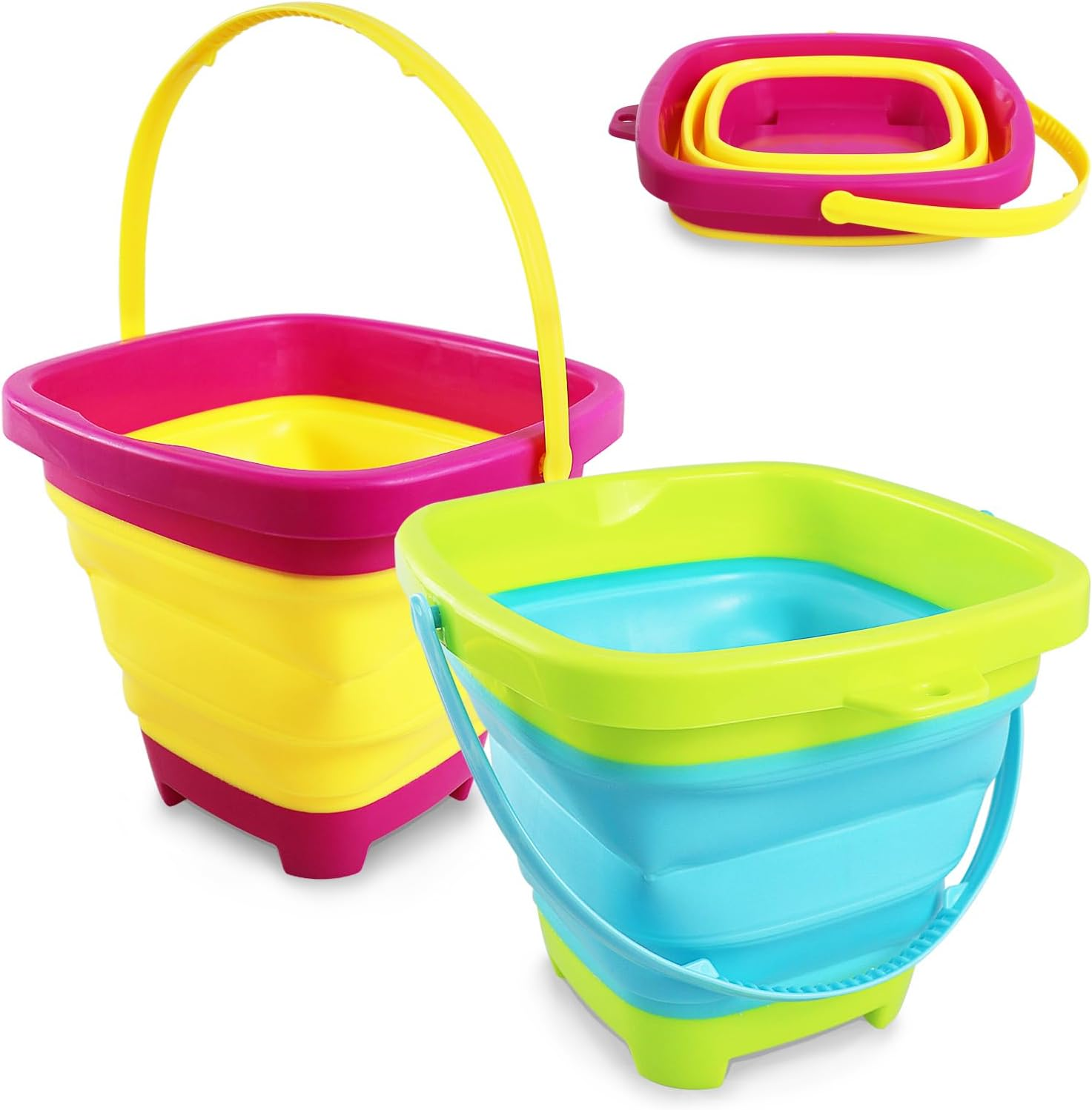 2Pcs Foldable Beach Play Sand Pails, Collapsible Buckets with Handle for Kids, Outdoor Summer Beach Camping (Pink-Purple+Blue-Yellow)