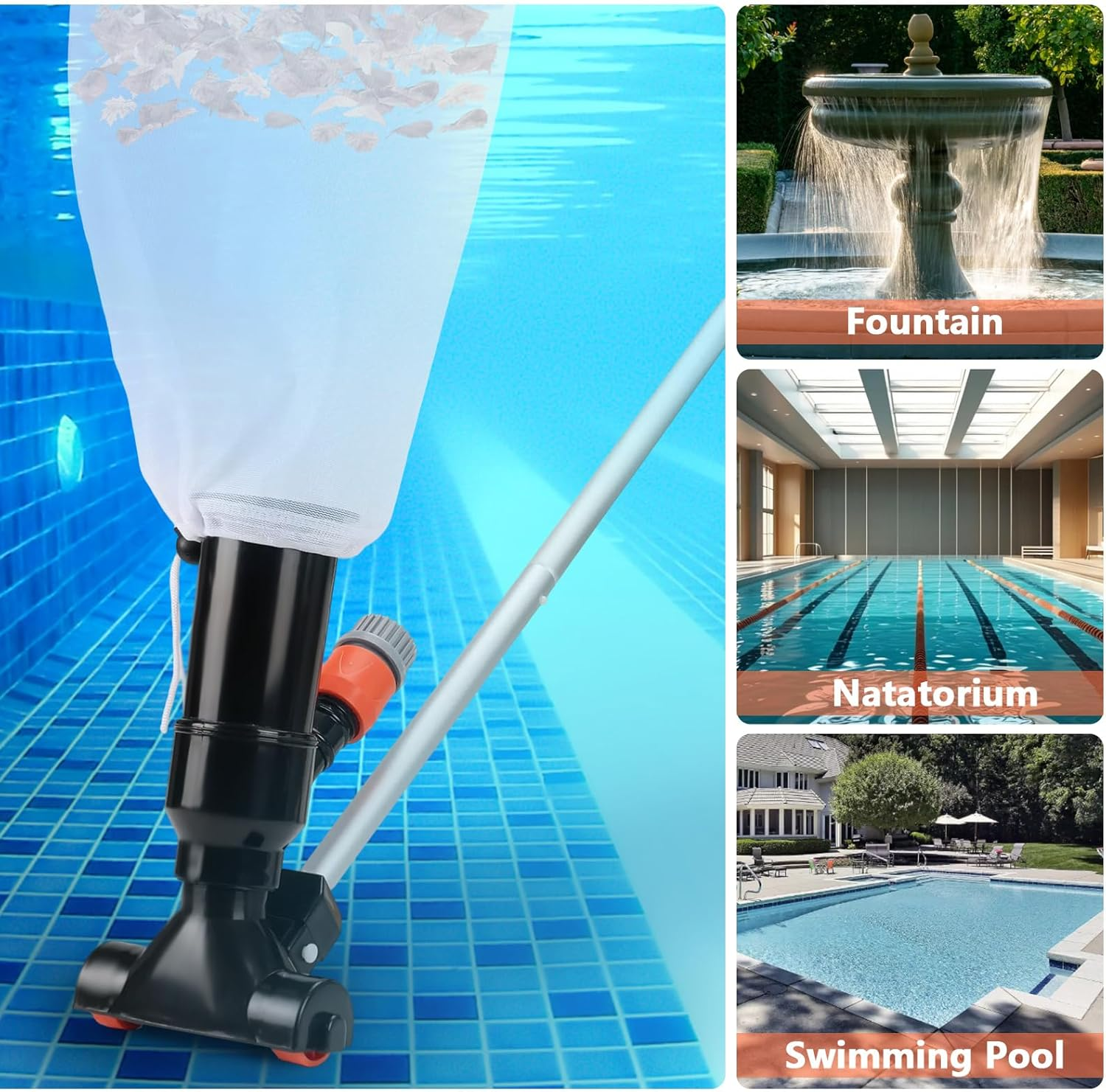 Portable Pool Vacuum for above Ground Pools - Non-Electric, Water Pressure-Driven Cleaner with Telescopic Pole, Leaf Suction Head & Filter Bag image number 1