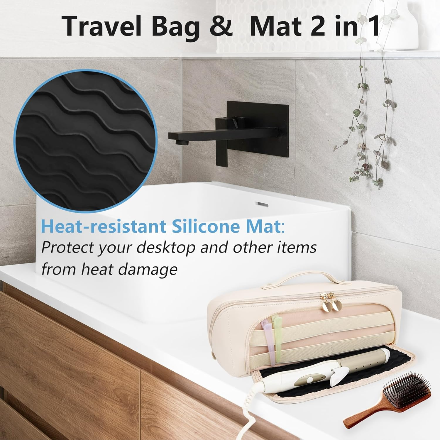 Linpr Hot Hair Tools Travel Bag with Heat Resistant Silicone Mat, Women Travel Essentials Organizer Case for Straighteners, Curling Irons, Hot Air Brushes, Hair Dryer Storage Bags 2 in 1 (White) image number 2