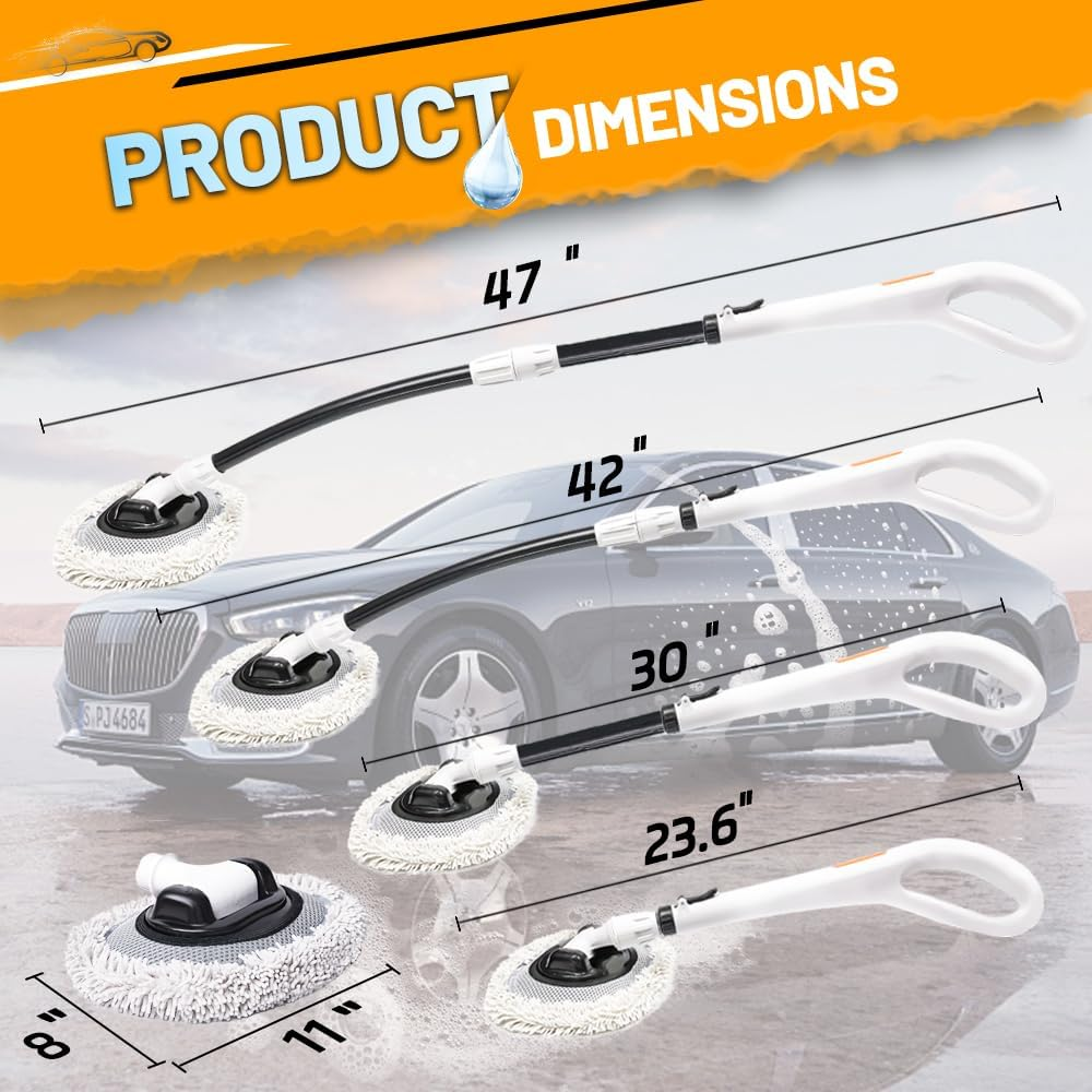 RIDE KINGS Microfiber Car Washing Brush, Automotive Accessories, Extendable Handle, 180&deg; Adjustable, Scratch Free, for Car Cleaning Supplies-White