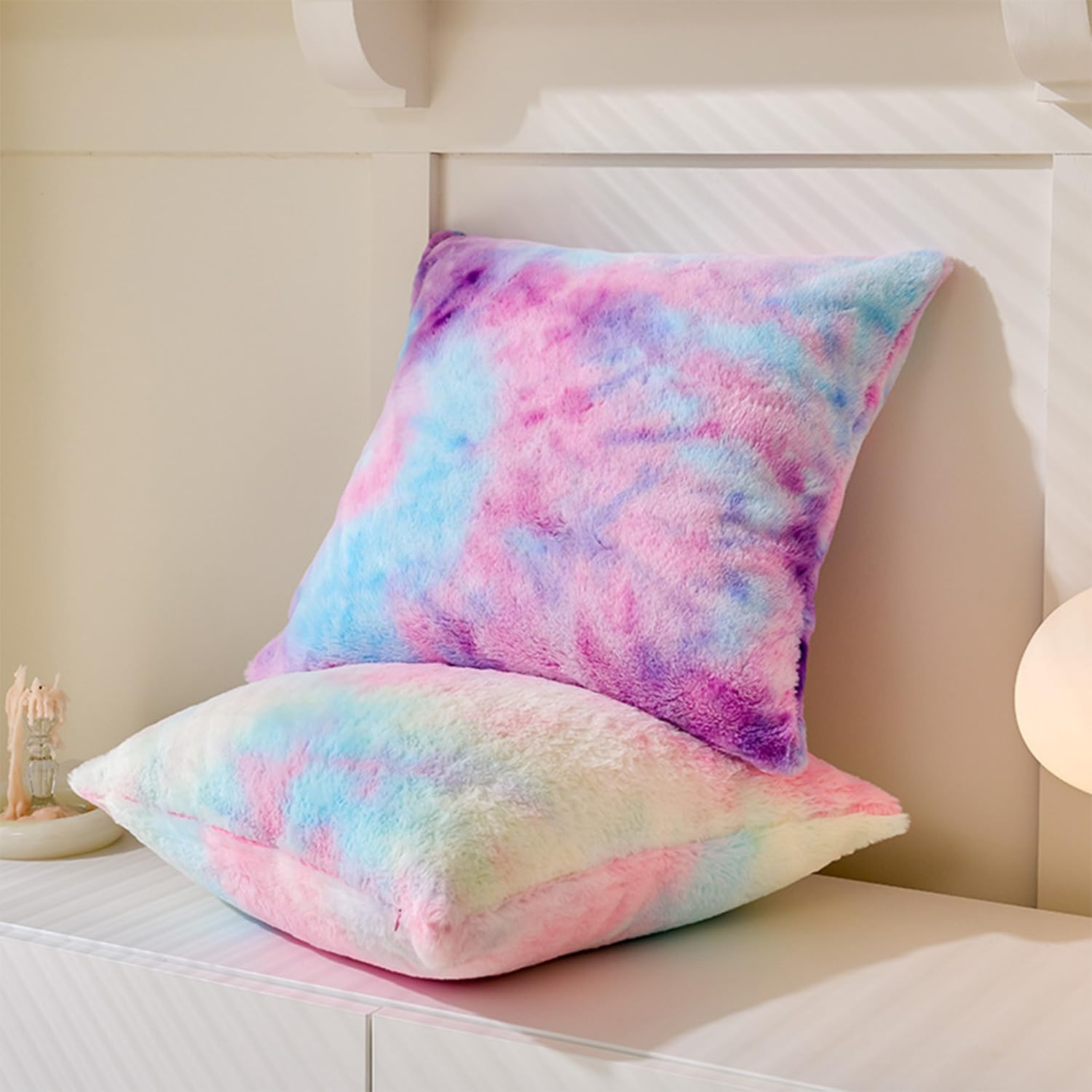 Soft Plush Throw Pillow Covers Pack of 2, Decorative Tie Dye Colorful Cushion Covers Luxury Fluffy Faux Fur Square 45X45Cm Pillowcase for Home Sofa Bedroom Living Room Couch Hotel Balcony Office Decor image number 1