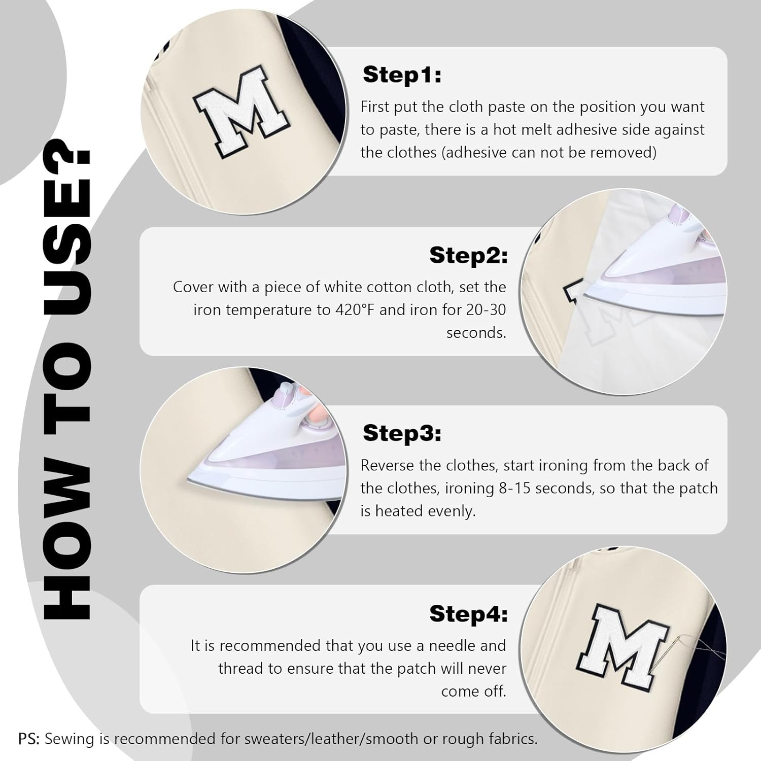 VGROSIA Iron on Letters, 4.5Inch Large Chenille Iron on Patch Alphabet Patches for Varsity/Jacket/Hoodie/Hats (White,A)