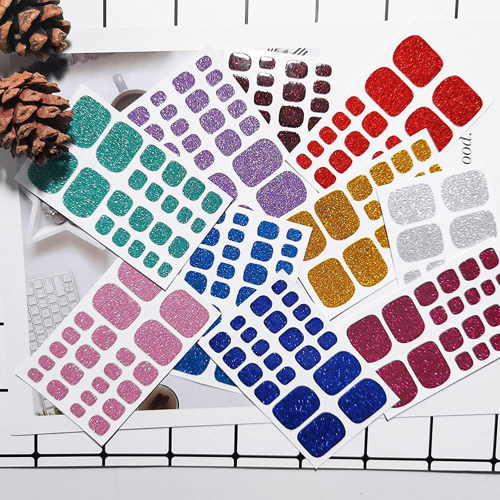 10 Sheets Toe Nail Polish Stickers Glitter Toenail Nail Polish Strips Decals Full Wraps Self Adhesive Toe Nail Tip Full Toe Nail Wraps for Women Girls DIY Nail Decor Art image number 1