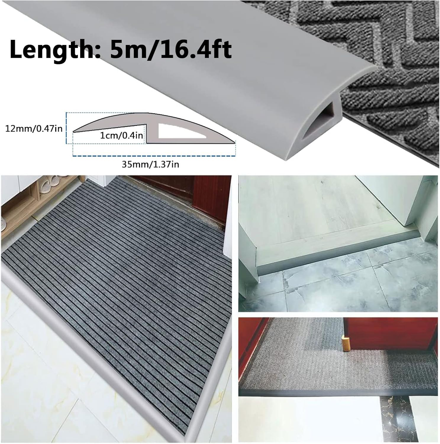 PVC Floor Transition Strip, 5M(16.4') Carpet & Floor Edging Trim, Peel and Stick Molding Trim for Threshold Transitions with a Height Less than 10 Mm, Carpet to Tile Transition Strip-Gray image number 4
