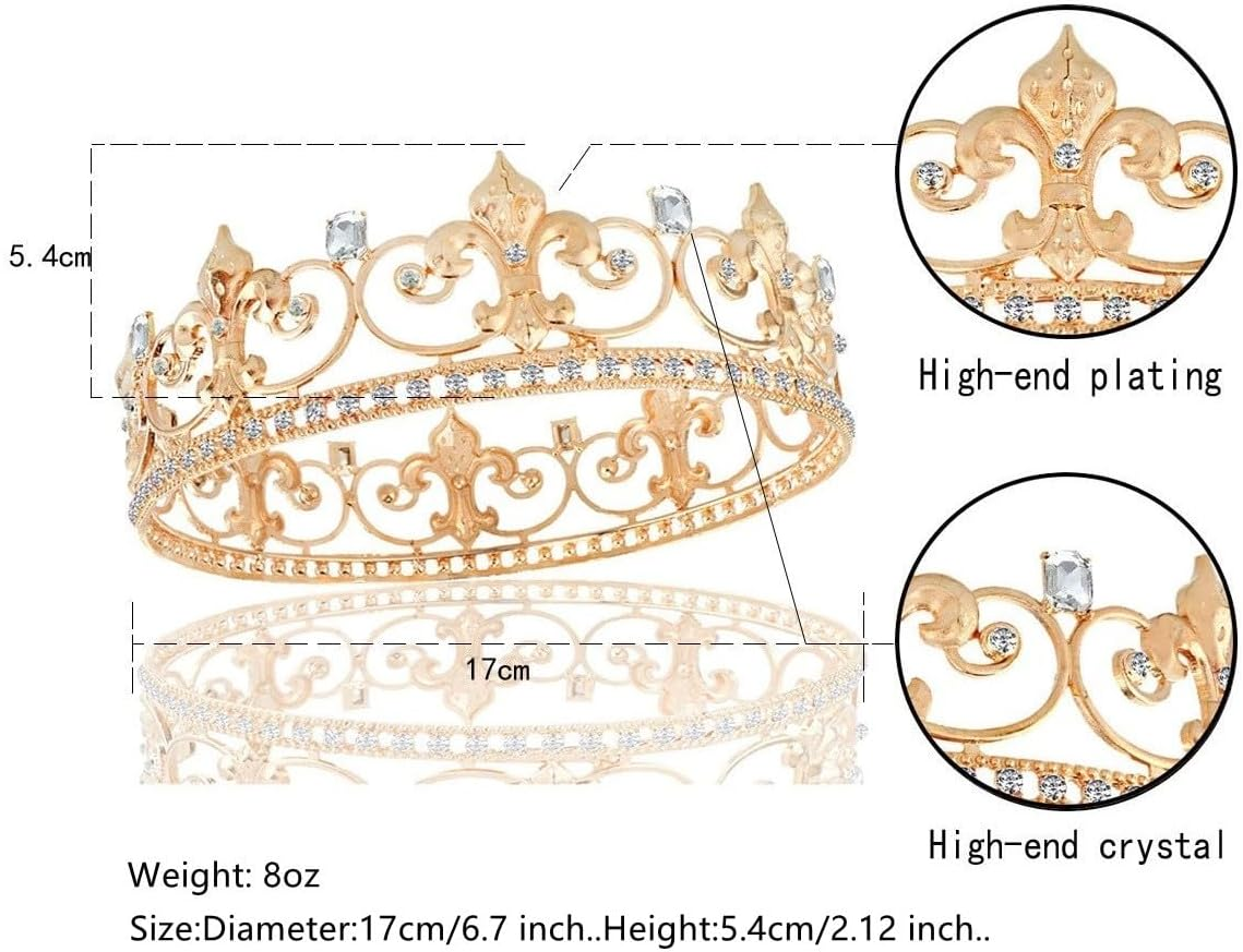 Metal King Queen Crown round Rhinestone Crown Party Headwear for Wedding Halloween Party Birthday image number 1