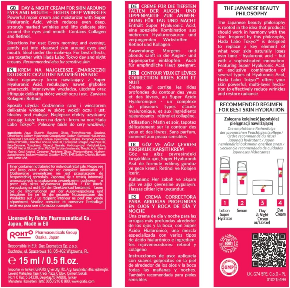 Hada Labo Deep Wrinkle Corrector Eye & Mouth Cream &ndash; Anti-Aging Treatment with Super Hyaluronic Acid and Collagen &ndash; 15Ml image number 2