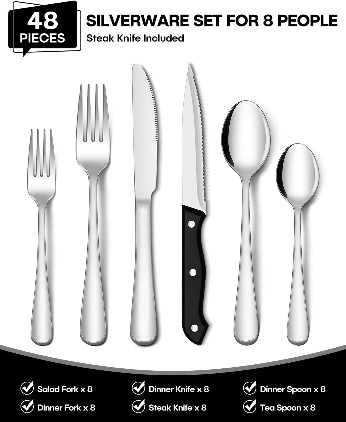 48 Piece Silverware Set Service for 8,Premium Stainless Steel Flatware Set,Mirror Polished Cutlery Utensil Set,Durable Home Kitchen Eating Tableware,Include Fork Knife Spoon,Dishwasher (Silver) image number 3
