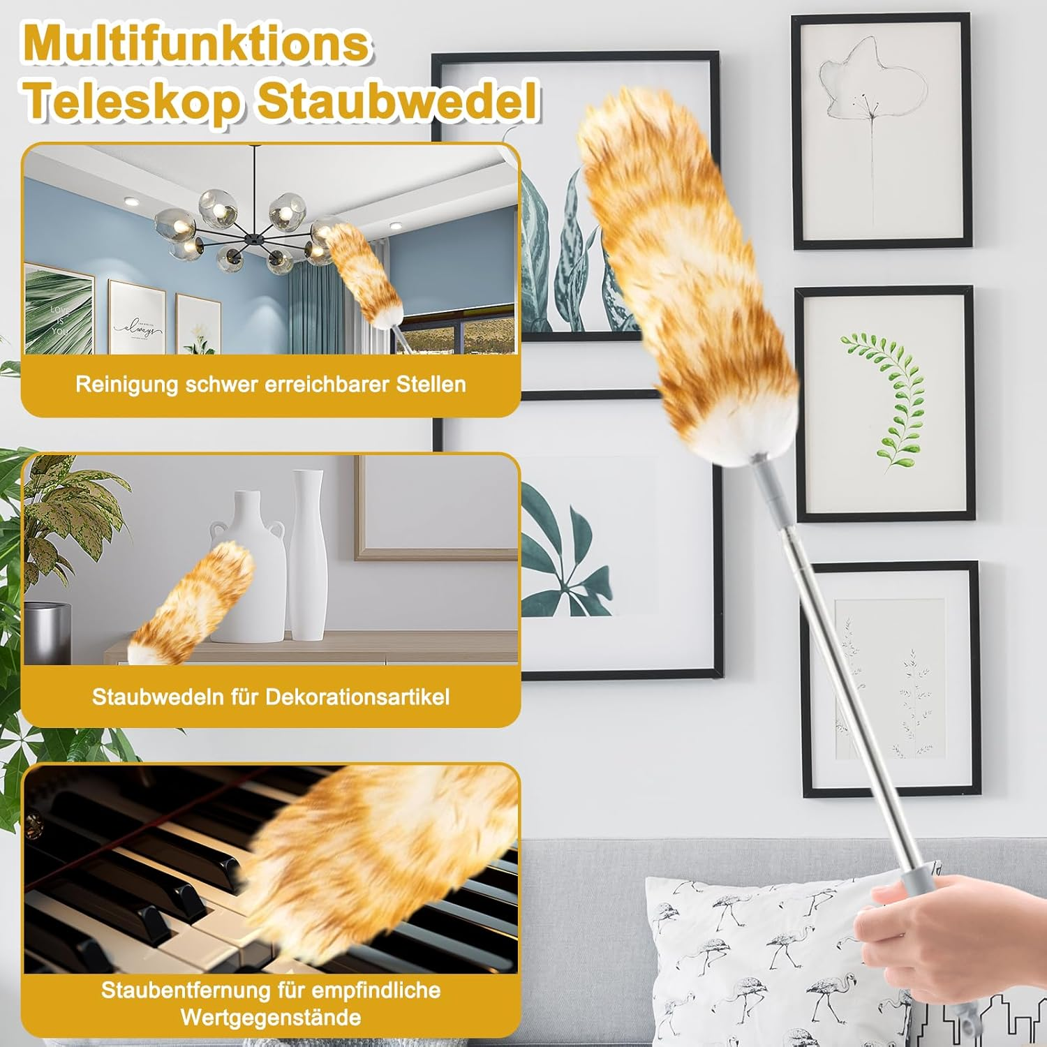 RANJIMA Duster, Telescopic Washable Cobweb Broom with Telescopic Handle, Long Extendable up to 2.4 M for High Ceilings, Ceiling Fan, Ceilings, Cobwebs
