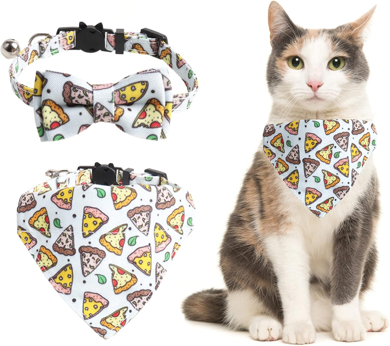 HACRAHO Bow Tie Cat Collar Bandana, Pack of 2 Adjustable Breakaway Cat Collar with Bow Tie and Bell, Removable Bow Tie Bandana for Kittens and Puppies, Hamburger Fries
