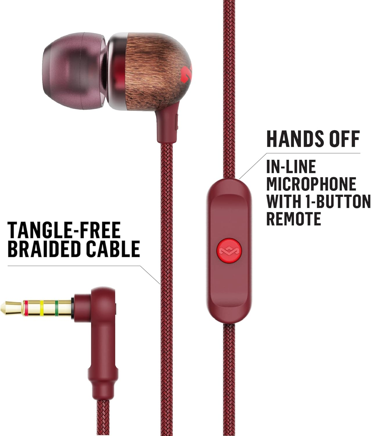 House of Marley Smile Jamaica In-Ear Headphones - Sustainably Crafted, Eco-Friendly, Noise Isolating Wired Earphones, 9.2Mm Driver, Tangle-Free Cable, 1 Button Microphone Control - Red image number 5