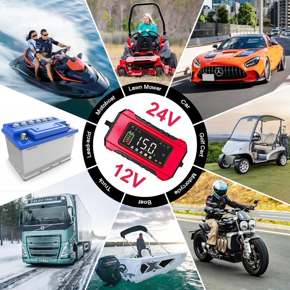 Battery Charger 15-Amp - Trickle Charger Car Battery Charger AU Plug: 12V 24V Lifepo4 Lead Acid 9-Stage Trickle Charger Battery Maintainer W/Temp Compensation for Car Truck Lawn Mower Boat Marine image number 2