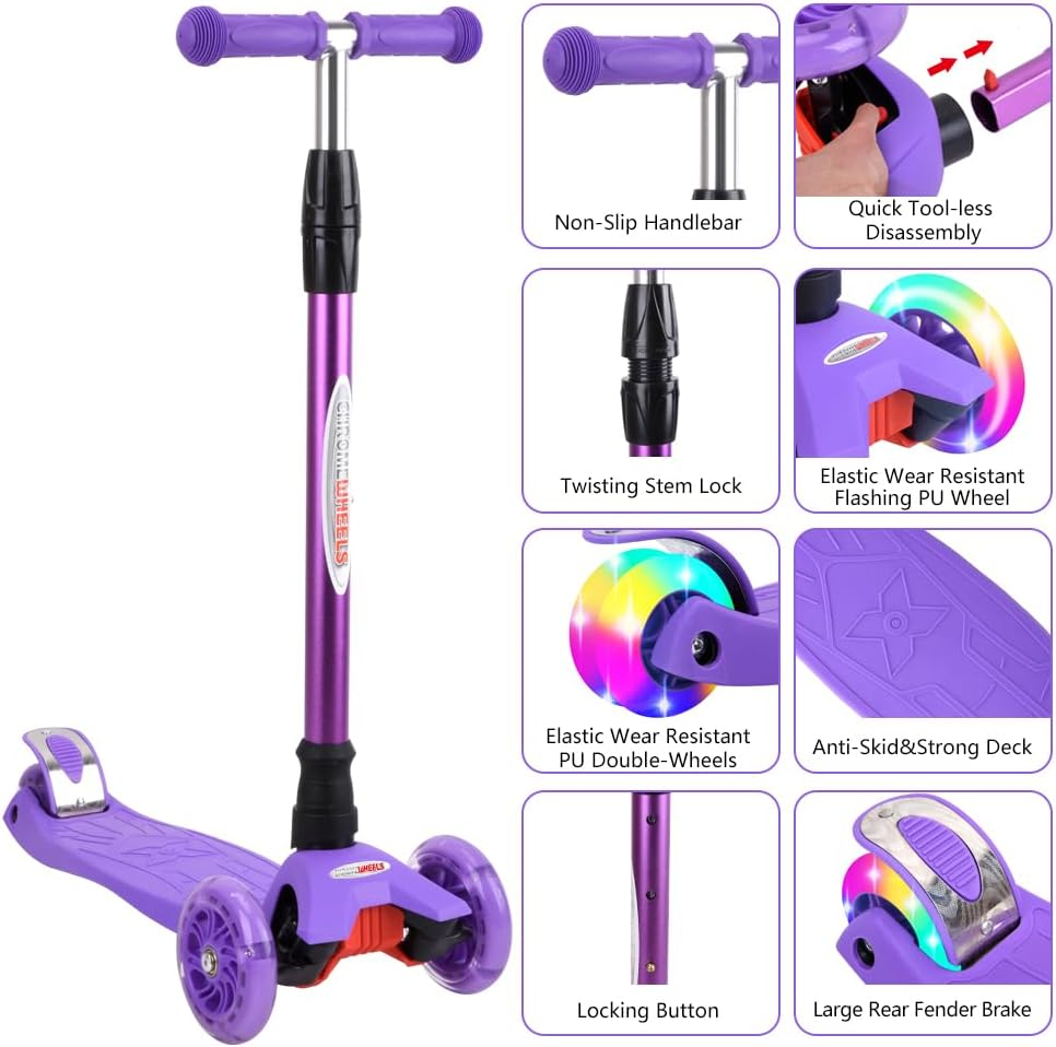 Chromewheels Scooters for Kids, Deluxe 3 Wheels Kick Scooter 4 Adjustable Height 132Lbs Weight Limit, Lean to Steer LED Light up Wheel, Best Gifts for Girls Boys Ages 3-12 Years Old image number 4