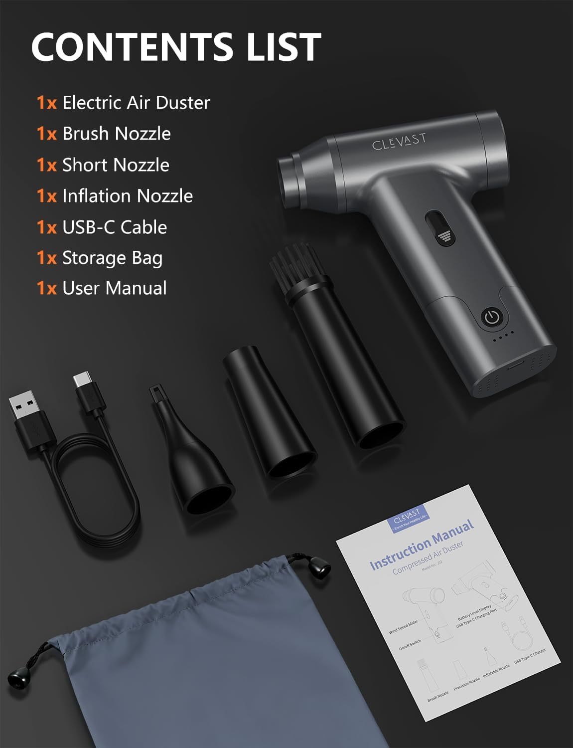 CLEVAST Compressed Air Duster &ndash; Super Power Cordless Electric Mini Air Blower, 130,000 RPM Brushless Motor, Stepless Speed Control, Rechargeable for PC, Keyboard, Car, Electronics Cleaning Kit image number 6