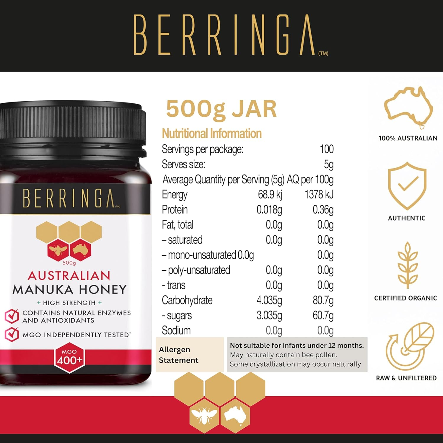 BERRINGA Bioctive Australian Raw Super Manuka Honey MGO 400+ 500G - 100% Pure Independently Tested, Certified, Traceable with Natural Enzymes, Antioxidants, Genuine Natural Superfood, Non GMO