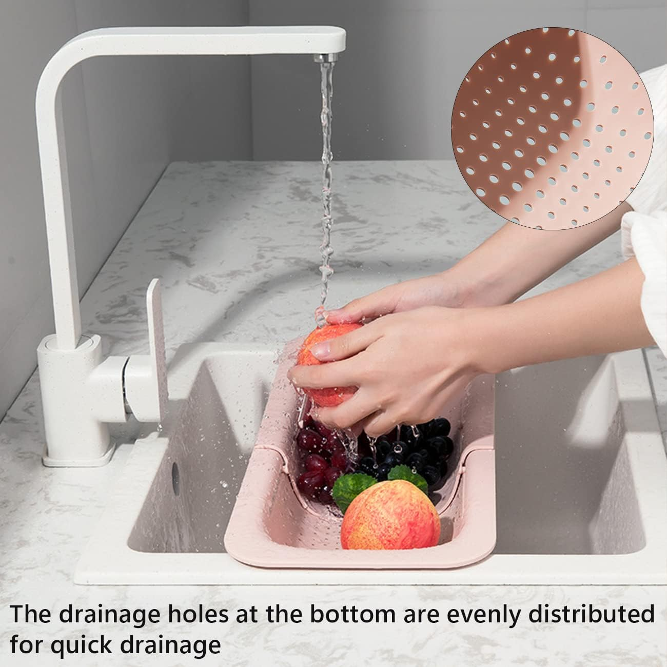 Over the Sink Colander Strainer Basket, QNLEMON Retractable Strainers for Cleaning Fruits and Vegetables, Draining Pasta, Home Kitchen Essentials (Pink) - Grey image number 2