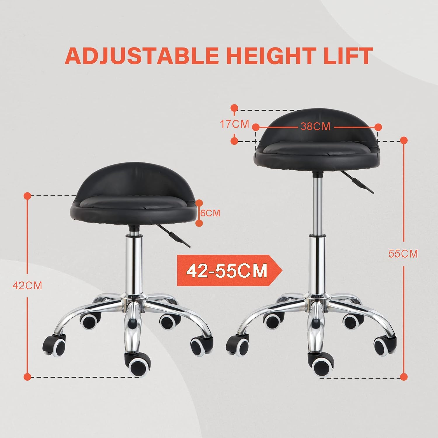 Salon Stool Swivel Rolling Stool with Wheels in 42-55 CM Height Adjustable Drafting Rolling Stools with Low Back Black image number 1