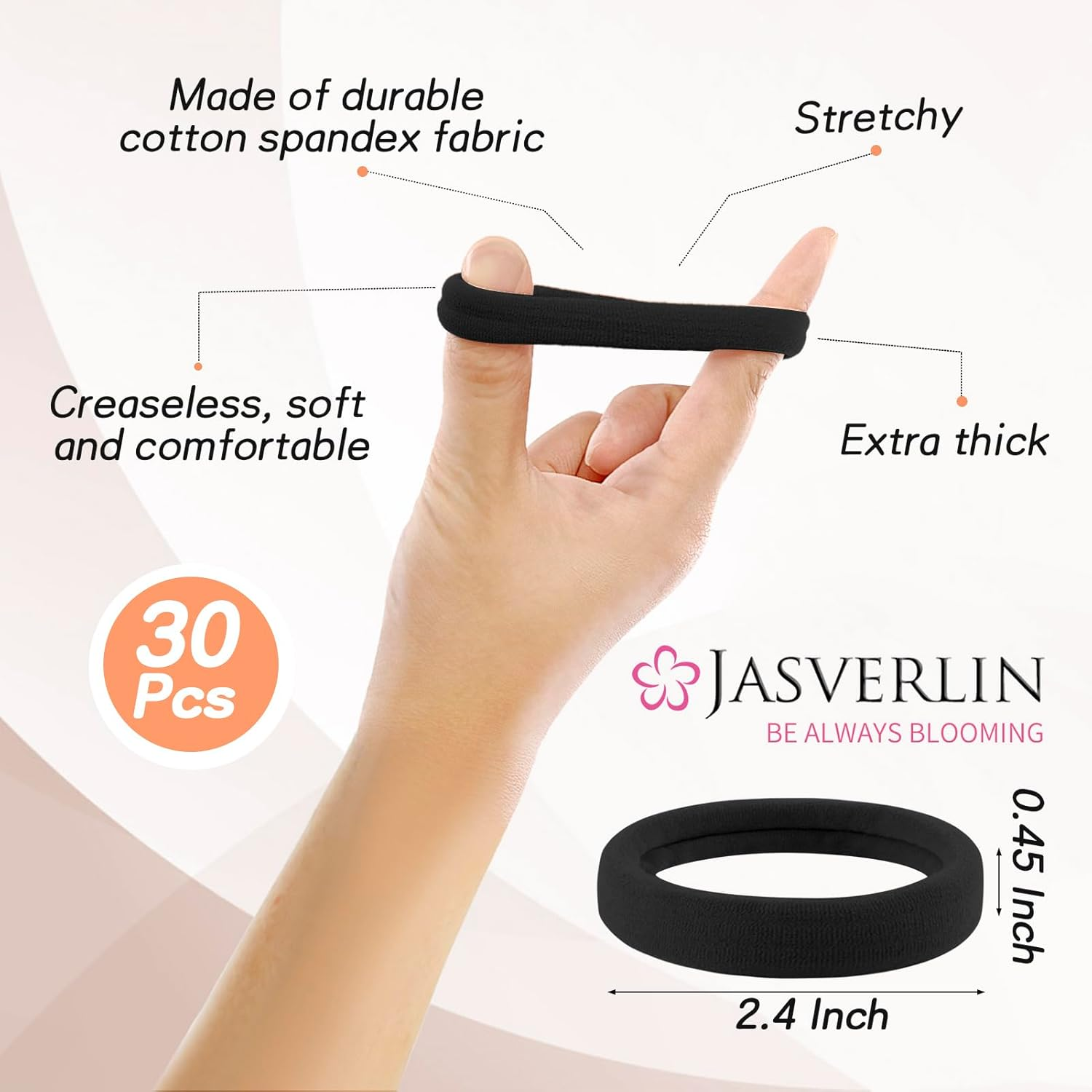 JASVERLIN Black Large Thick Hair Ties, Seamless Cotton Fabric, Stretchy Ponytail Holders Soft Skinny Scrunchies No Damage Hair Bands for Girls Women Men 2.4Inch 30 Pcs image number 4