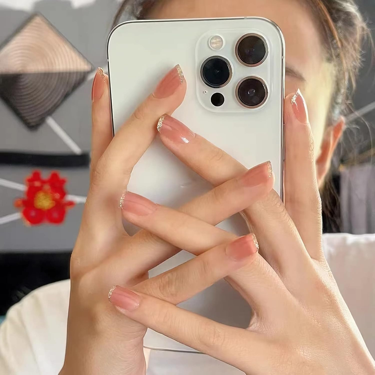 RYUUSEI 24Pcs Short French Tips Press on Nails, Gold Glitter Fake Nails with Design Square Nude Pink Acrylic False Nail Kits Stick Glue on Nails Sets for Women Reusable Full Cover Gel Nails image number 2