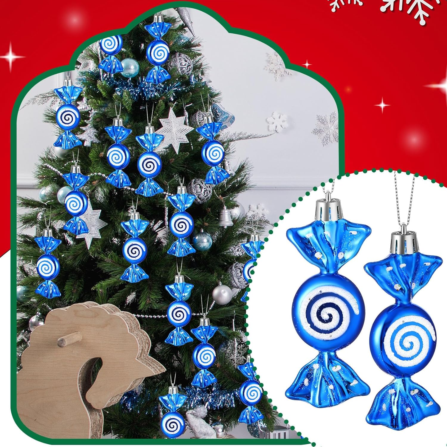 Threan 12 Christmas Tree Sweets Christmas Tree Decorations Candy Glitter Hanging Christmas Candy Ornaments Candy Cane Decoration with Golden Ropes (Blue, Plastic) image number 6