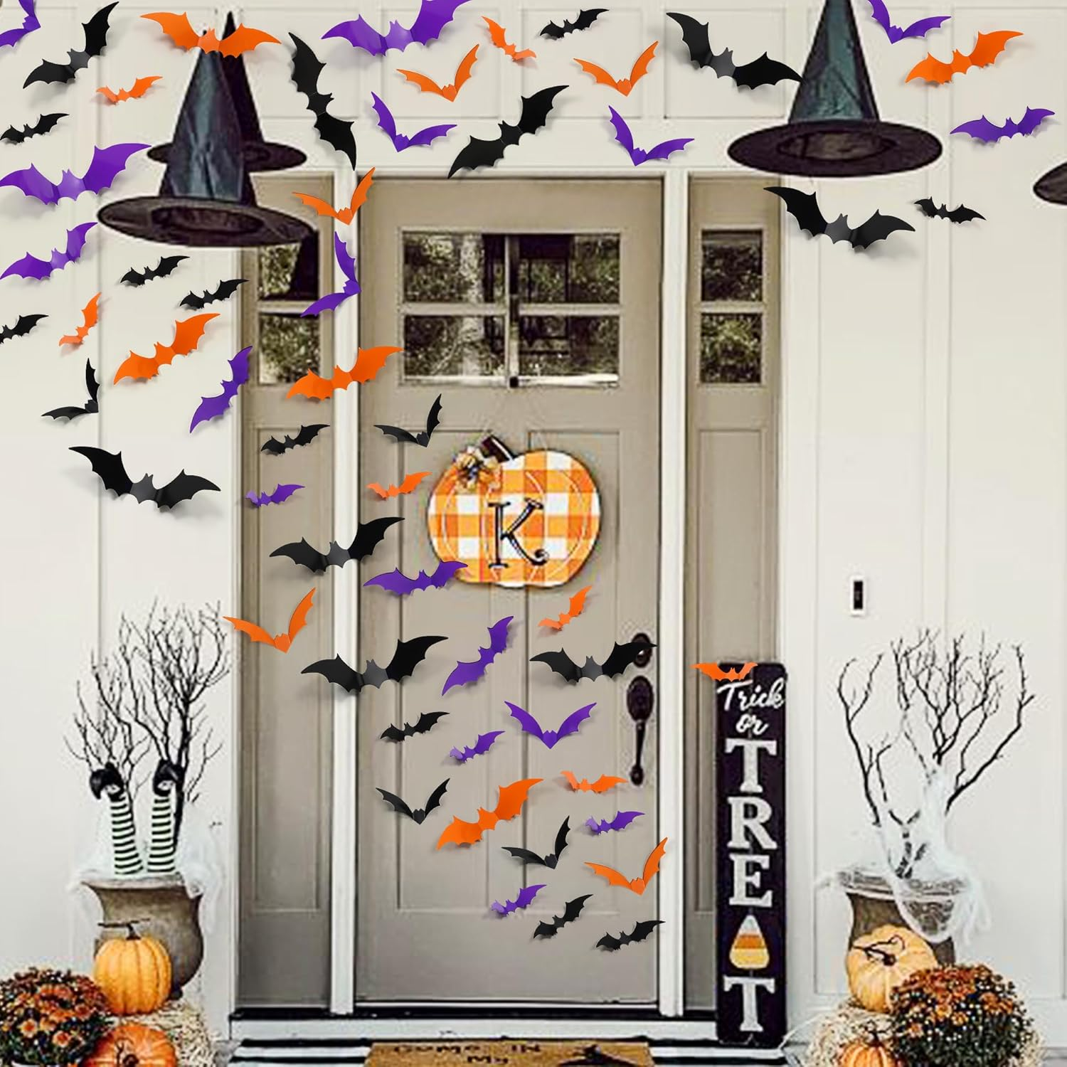 108 PCS 3D Halloween Bats Wall Decor, Realistic PVC Bats Halloween Decoration,Scary Plastic Bat Wall Stickers for Indoor Outdoor Decor (Black Purple Orange) image number 1