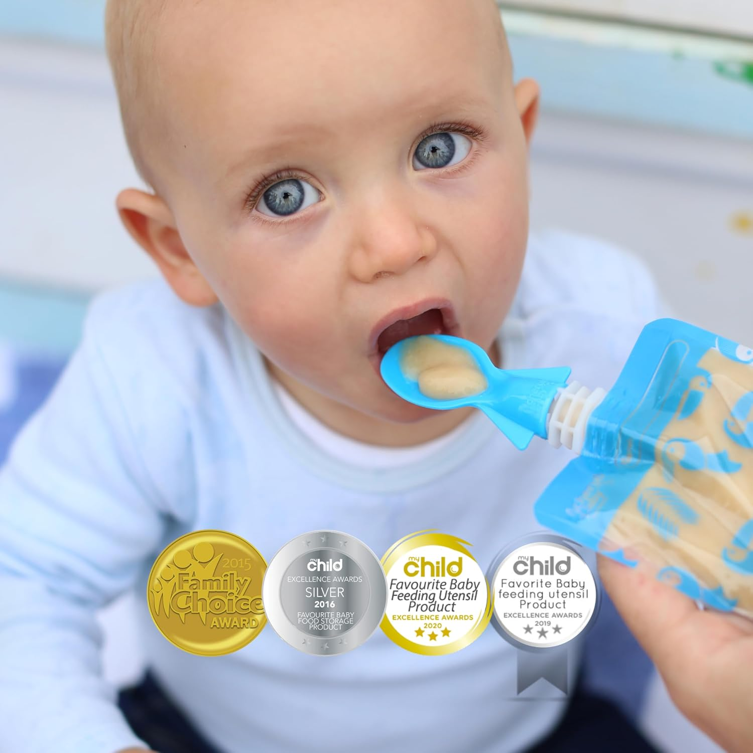 Cherub Baby Universal Reusable Non-Spill Baby Food Pouch Squeeze Spoon Topper Attachment 2 Pack with Travel Case - Cerulean/Sage