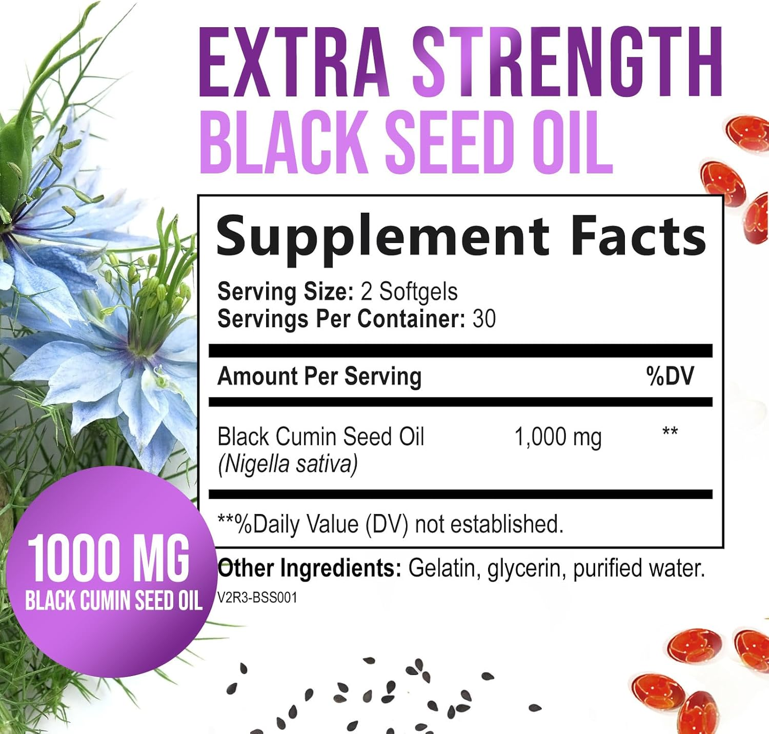 Black Seed Oil Capsules 1000Mg, Vegan Premium Nigella Sativa Black Cumin Seed Oil, Non-Gmo, Vegetarian, Extra Strength Blackseed Oil Softgel Supplement for Immune Support - 60 Capsules